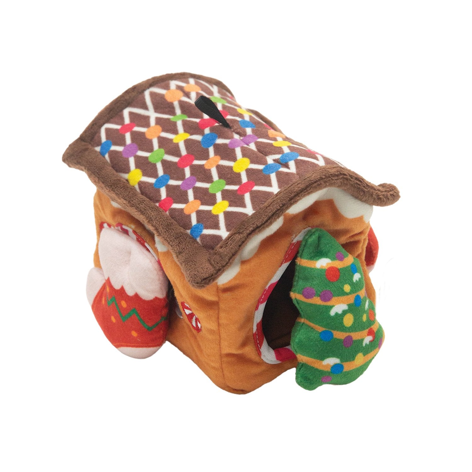 The Snugarooz Hide & Seek - Gingerbread House is a festive plush dog toy with a decorated roof, colorful candy patterns, and plush candy cane and stocking details—perfect for holiday fun with your pup.