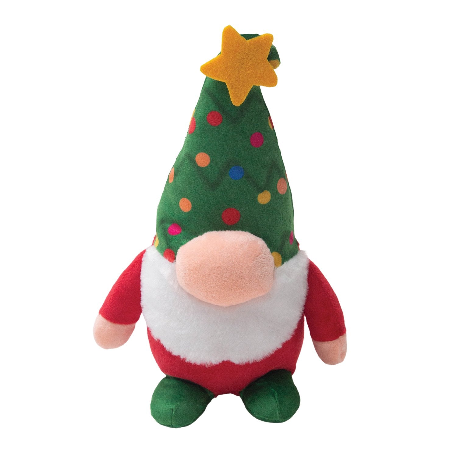 Holmes the Gnome by Snugarooz is a plush holiday dog toy with a white beard, red outfit, and a green Christmas tree hat topped with a yellow star—perfect as an adorable dog Christmas toy.