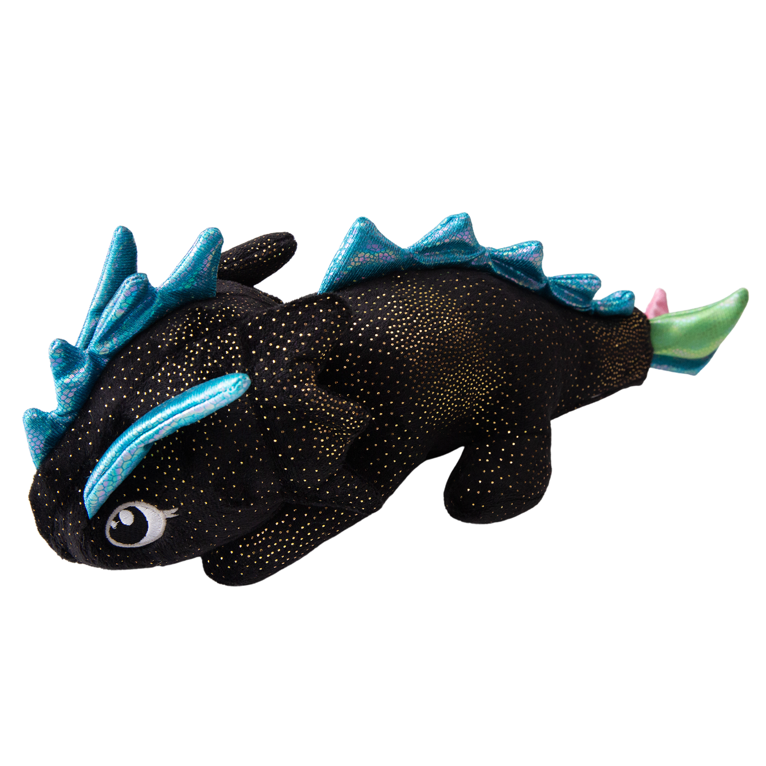 Ice the Dragon by Snugarooz is a plush toy crafted from recycled material, featuring black fabric with gold dots, blue metallic spikes, a pink and green tail, and large embroidered eyes.