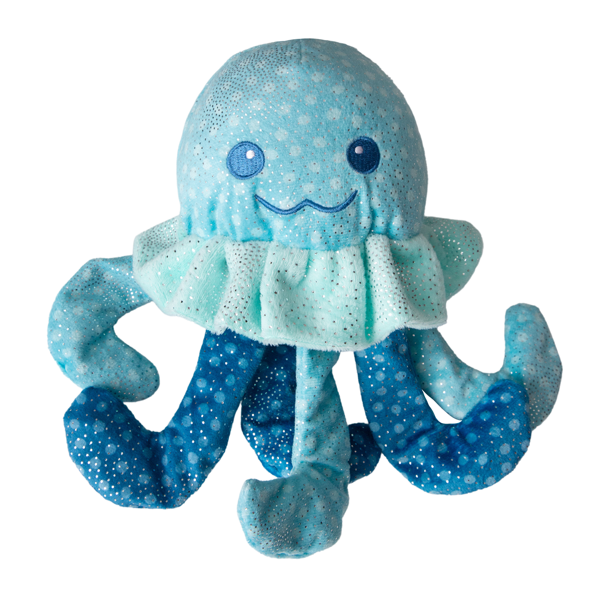 Jelly the Fish by Snugarooz is a blue and turquoise plush dog toy with a smiling face, glittery spots, multiple tentacles, and an added squeaker, shown against a white background.