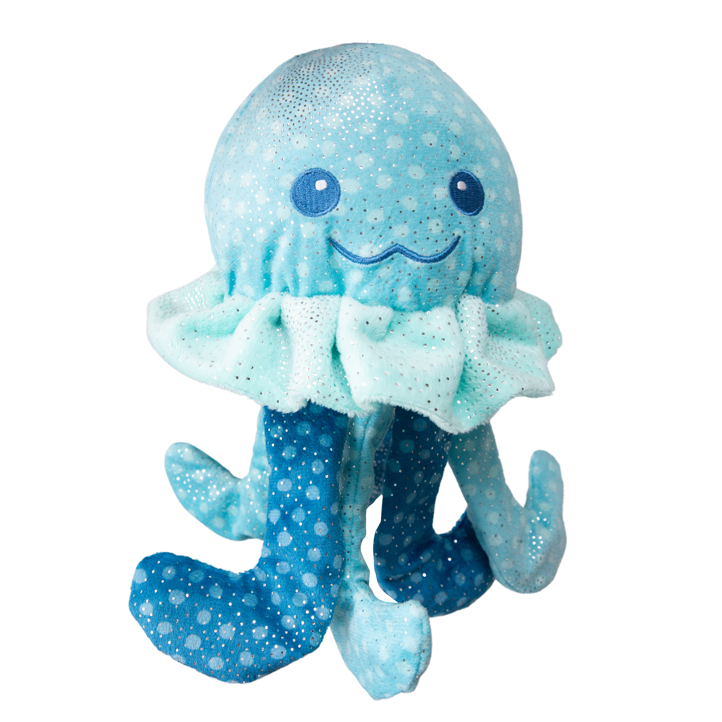 Jelly the Fish by Snugarooz is a blue and turquoise plush dog toy with a smiling face, glittery spots, multiple tentacles, and an added squeaker, shown against a white background.