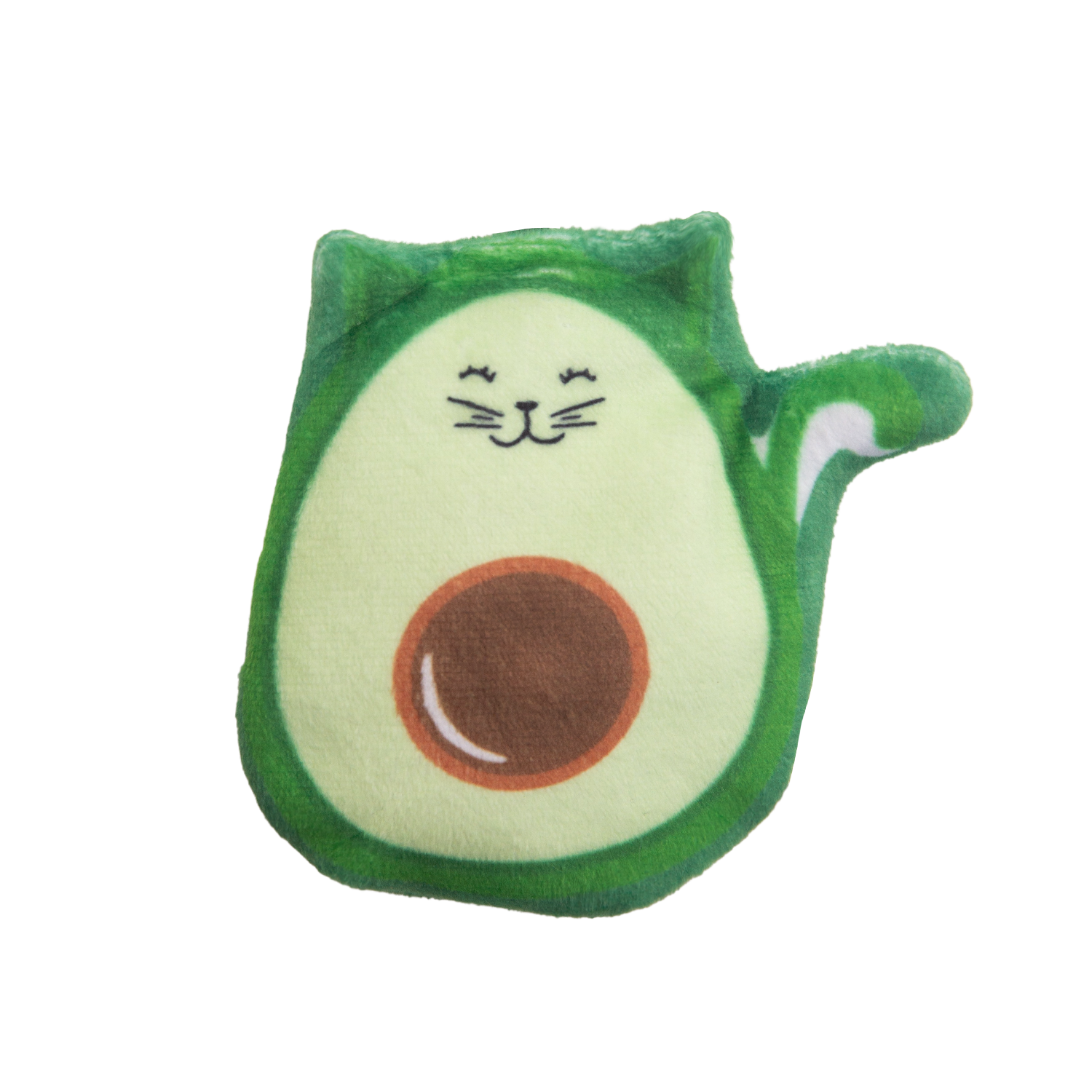 The Snugarooz Kitty Avocato with Catnip is an eco-friendly plush avocado cat toy featuring a cute cat face, ears, tail, brown pit, and happy expression—perfect for playful pets.