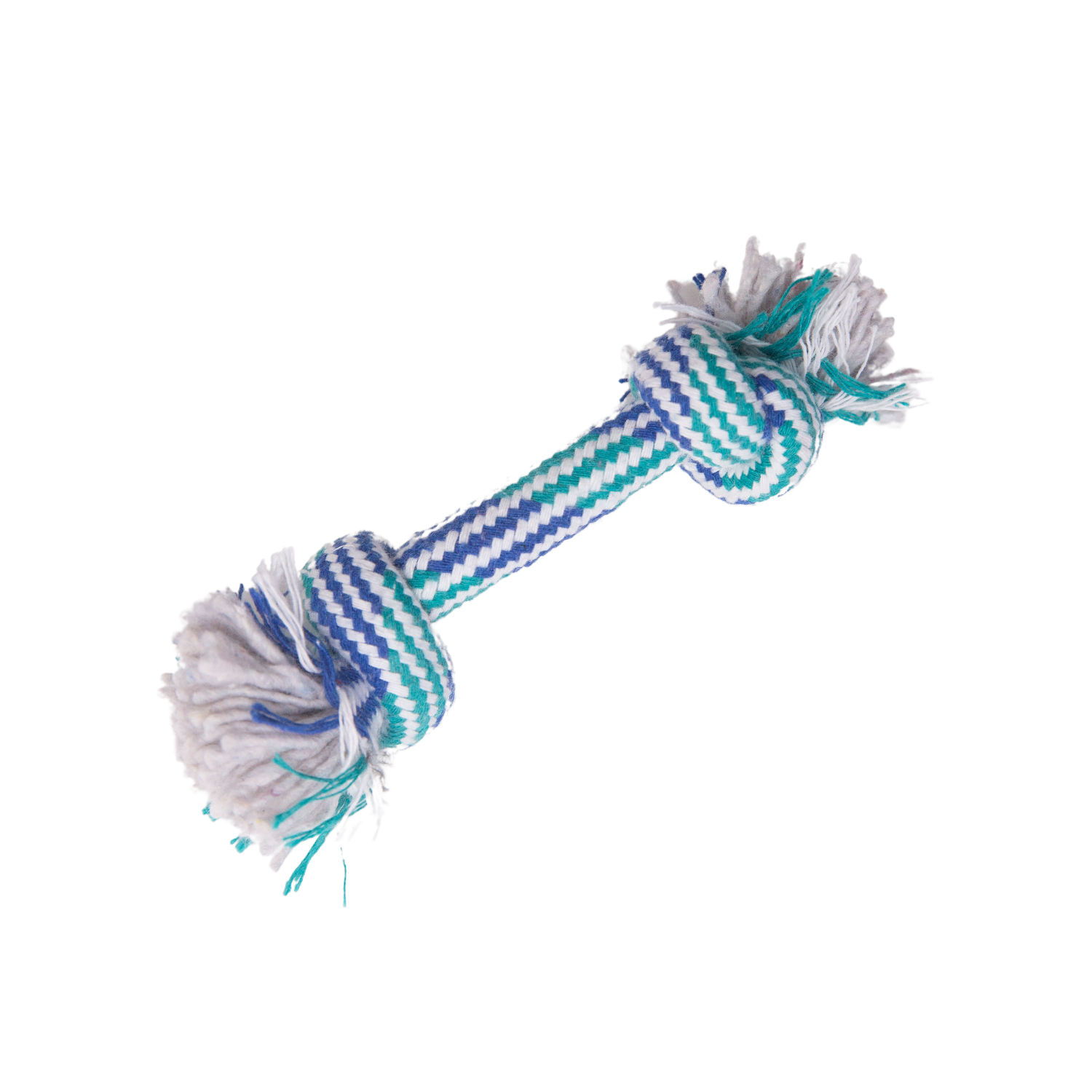 The Snugarooz Lil Baby Rope is a braided cotton dog toy in blue, green, and white with knotted ends and frayed edges—ideal for small dogs and helps support dental health during play.