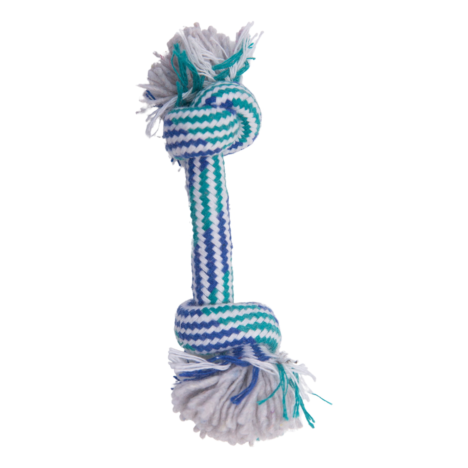 The Snugarooz Lil Baby Rope is a braided cotton dog toy in blue, green, and white with knotted ends and frayed edges—ideal for small dogs and helps support dental health during play.