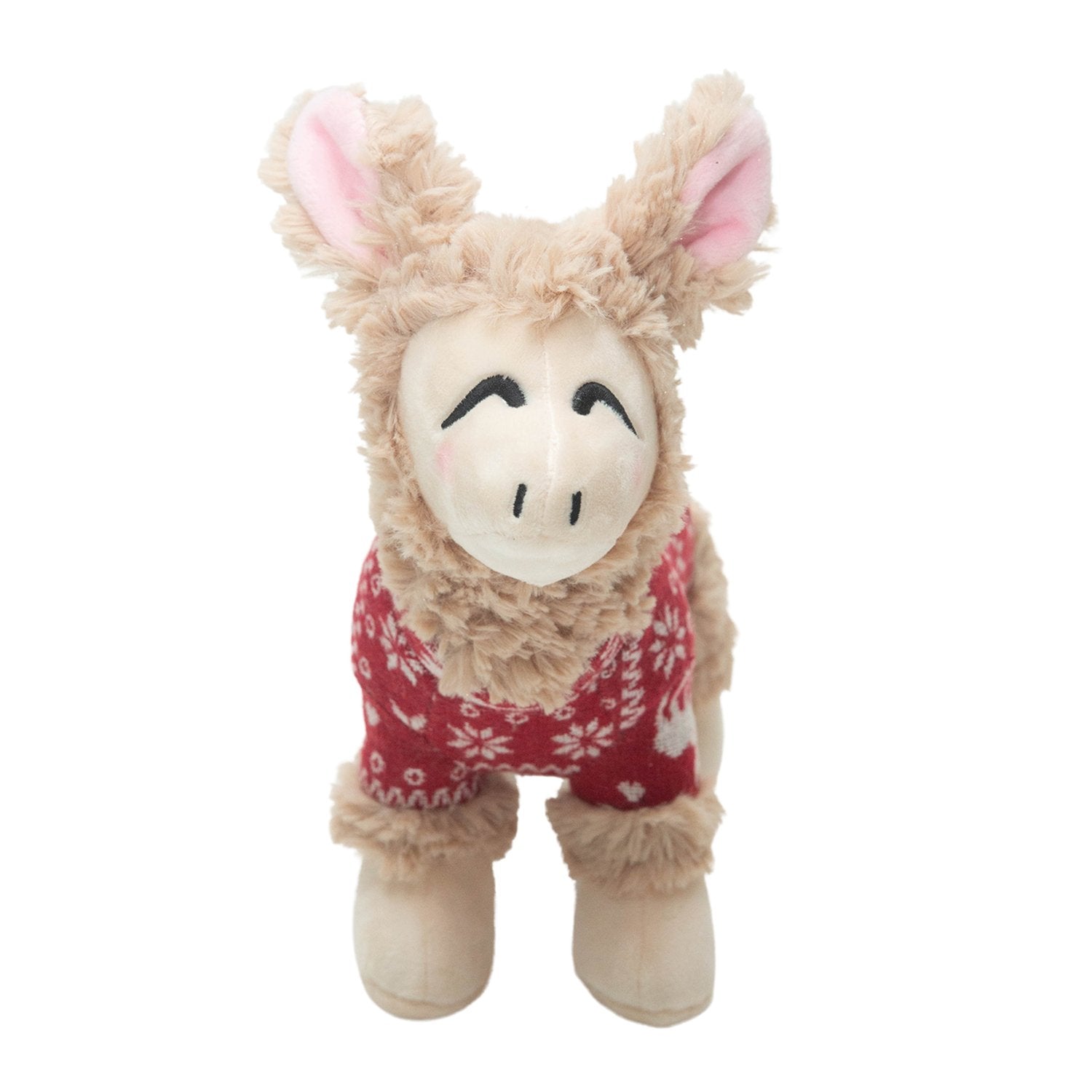 Snugarooz Lady the Llama is a plush dog toy with beige fur, pink inner ears, and closed, smiling eyes. She wears a red sweater decorated with white snowflakes and reindeer—perfect for festive holiday fun!.