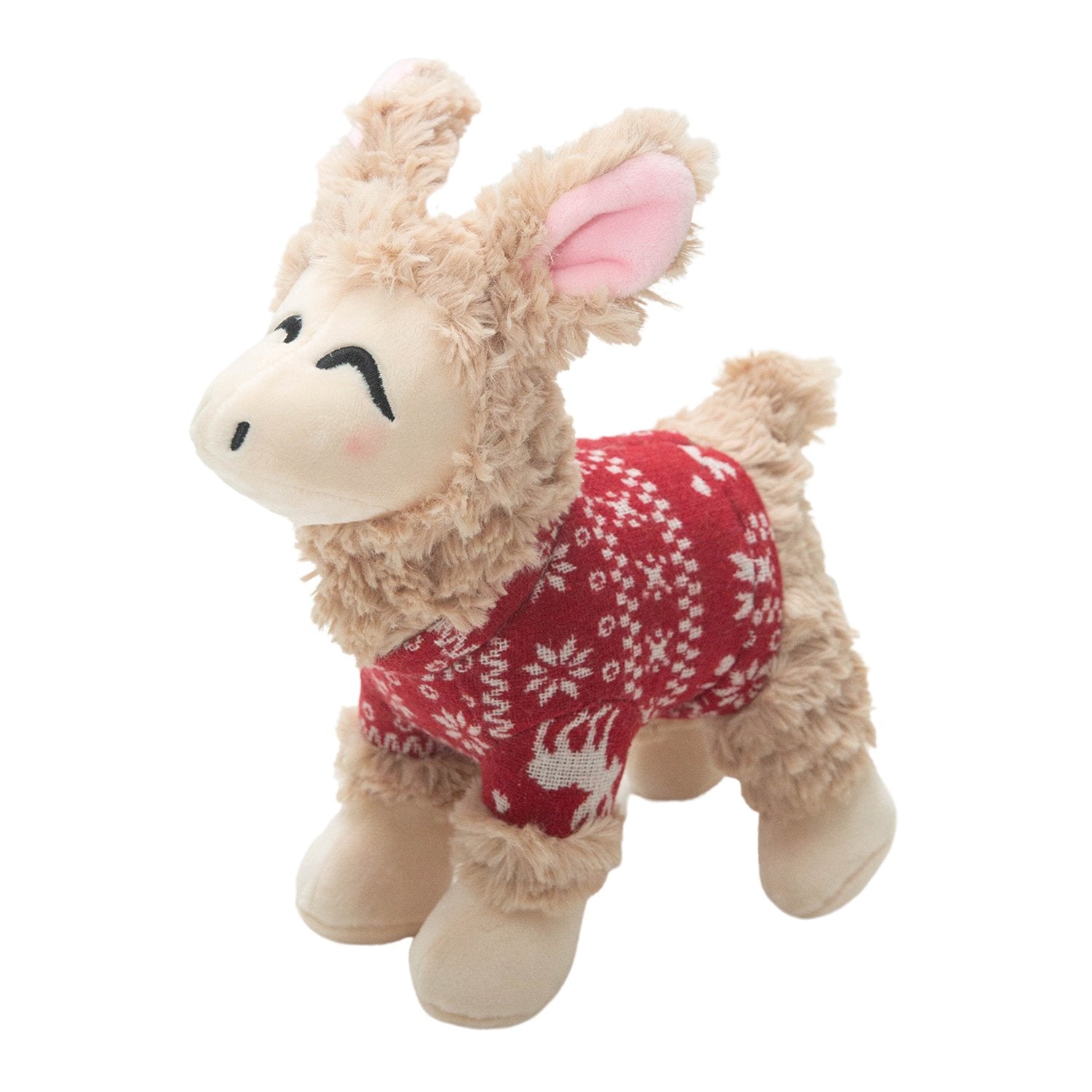 Snugarooz Lady the Llama is a plush dog toy with beige fur, pink inner ears, and closed, smiling eyes. She wears a red sweater decorated with white snowflakes and reindeer—perfect for festive holiday fun!.