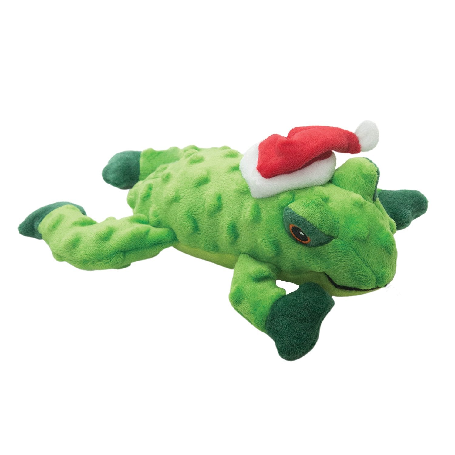 Lilly Claus by Snugarooz is a green plush frog with darker spots and a red-and-white Santa hat, shown on a white background—an adorable Christmas dog toy that's perfect as a holiday pet gift.