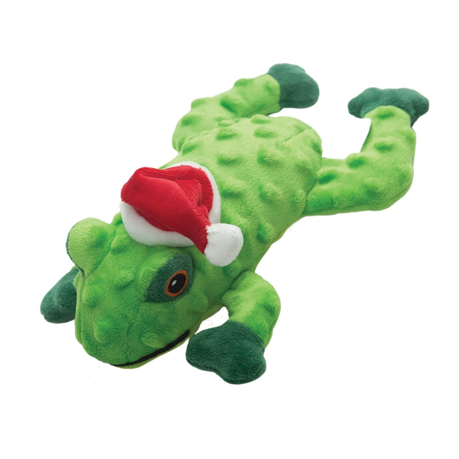 Lilly Claus by Snugarooz is a green plush frog with darker spots and a red-and-white Santa hat, shown on a white background—an adorable Christmas dog toy that's perfect as a holiday pet gift.