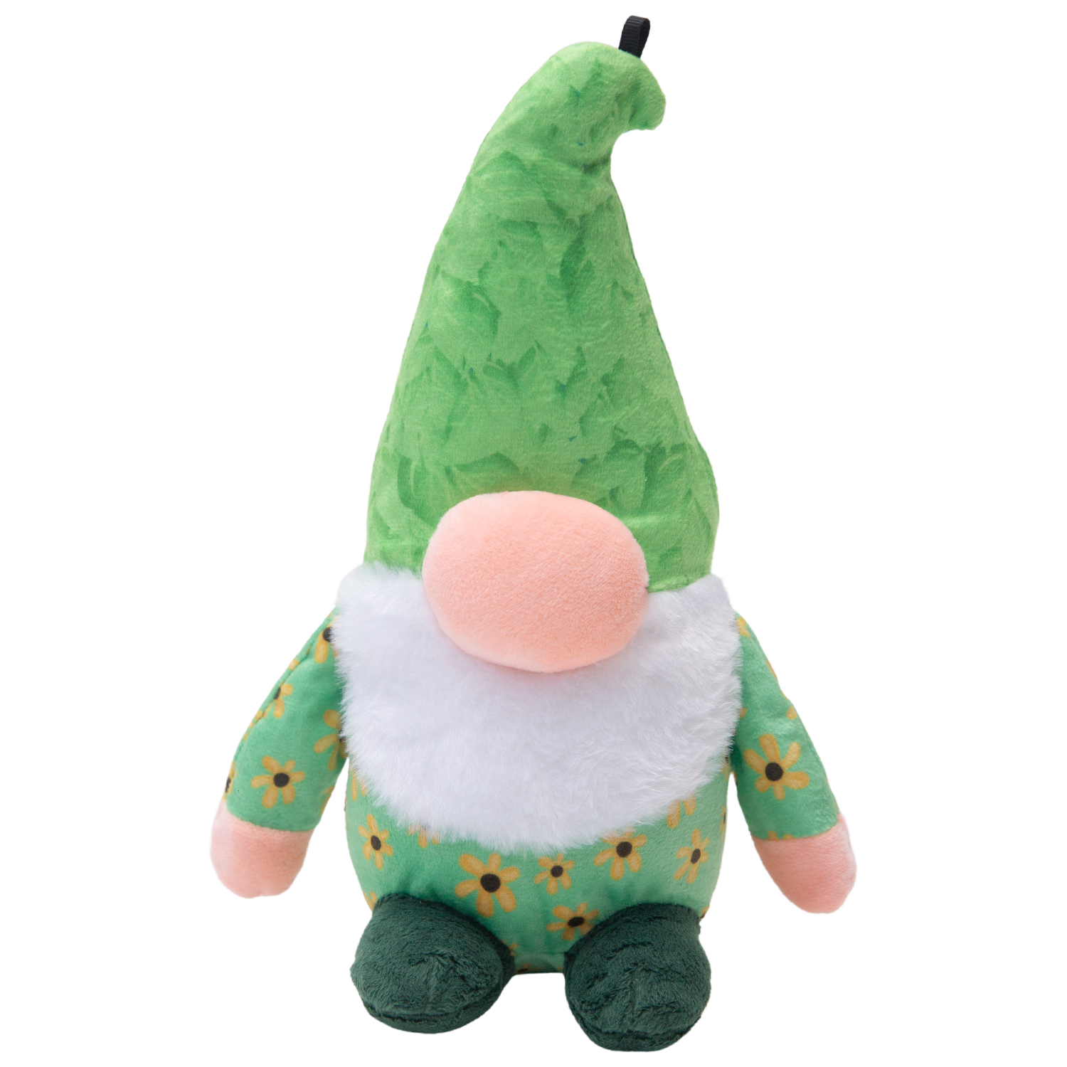 Meadow the Gnome by Snugarooz features a tall green hat, pink nose, white beard, yellow floral shirt, and dark green shoes. This whimsical squeaky dog toy sits upright against a white background—perfect for your pup.