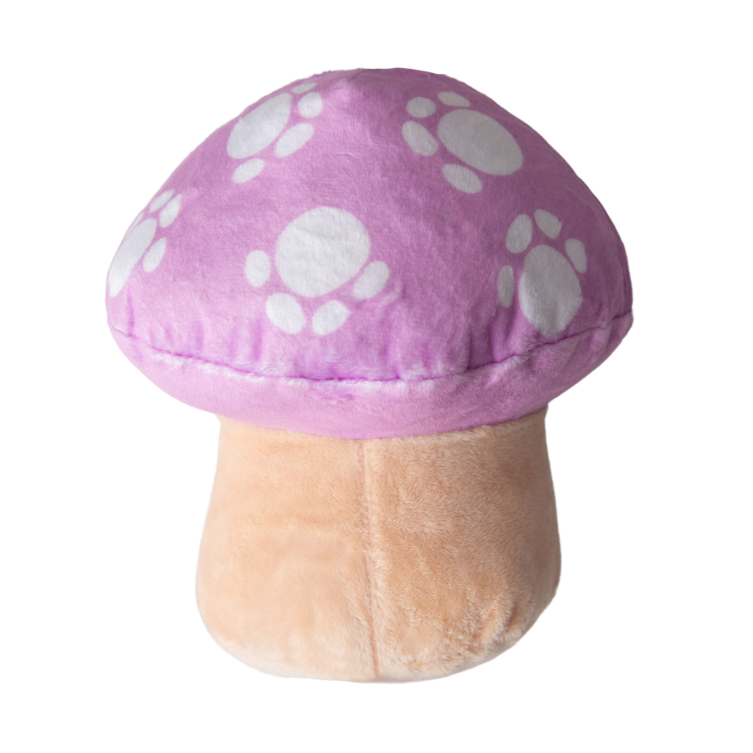 Magic the Mushroom by Snugarooz is a plush dog toy shaped like a mushroom, featuring a light brown stem, purple cap with white spots, and a cute winking face—perfect for playful pups who love interactive fun.