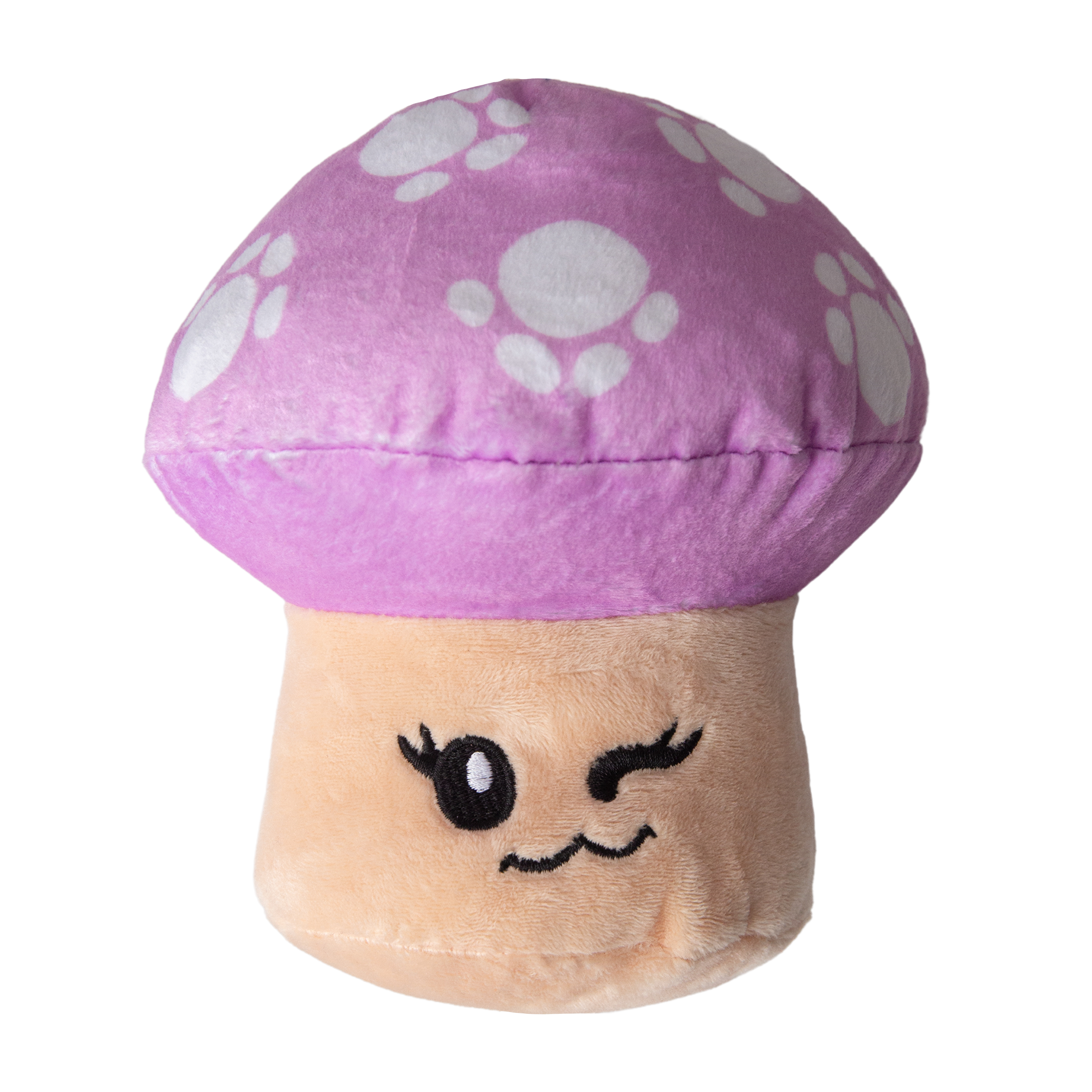 Magic the Mushroom by Snugarooz is a plush dog toy shaped like a mushroom, featuring a light brown stem, purple cap with white spots, and a cute winking face—perfect for playful pups who love interactive fun.