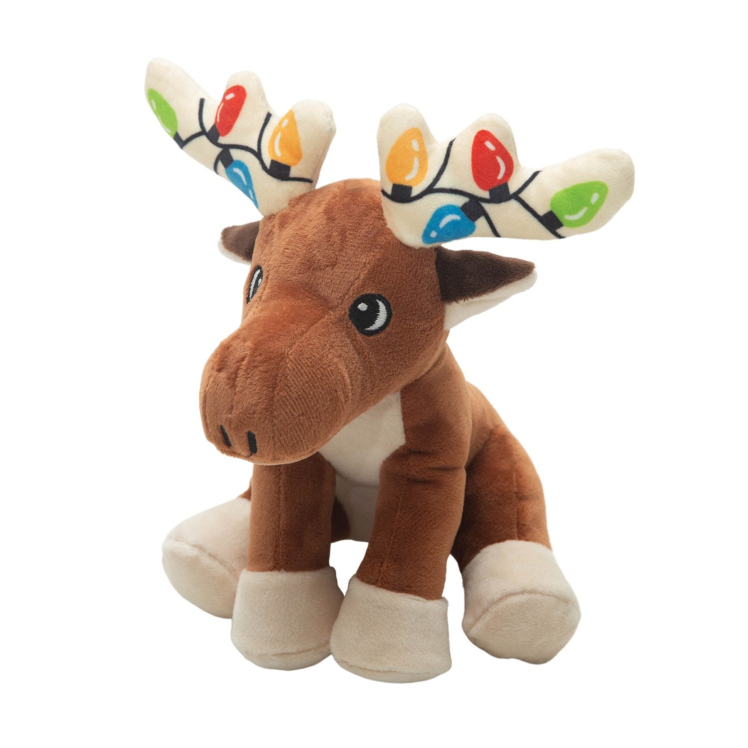 The Snugarooz "Marty Christmas" is a brown plush moose dog toy with big eyes, cream hooves, and antlers adorned with colorful holiday lights. This festive toy sits upright on a white background.