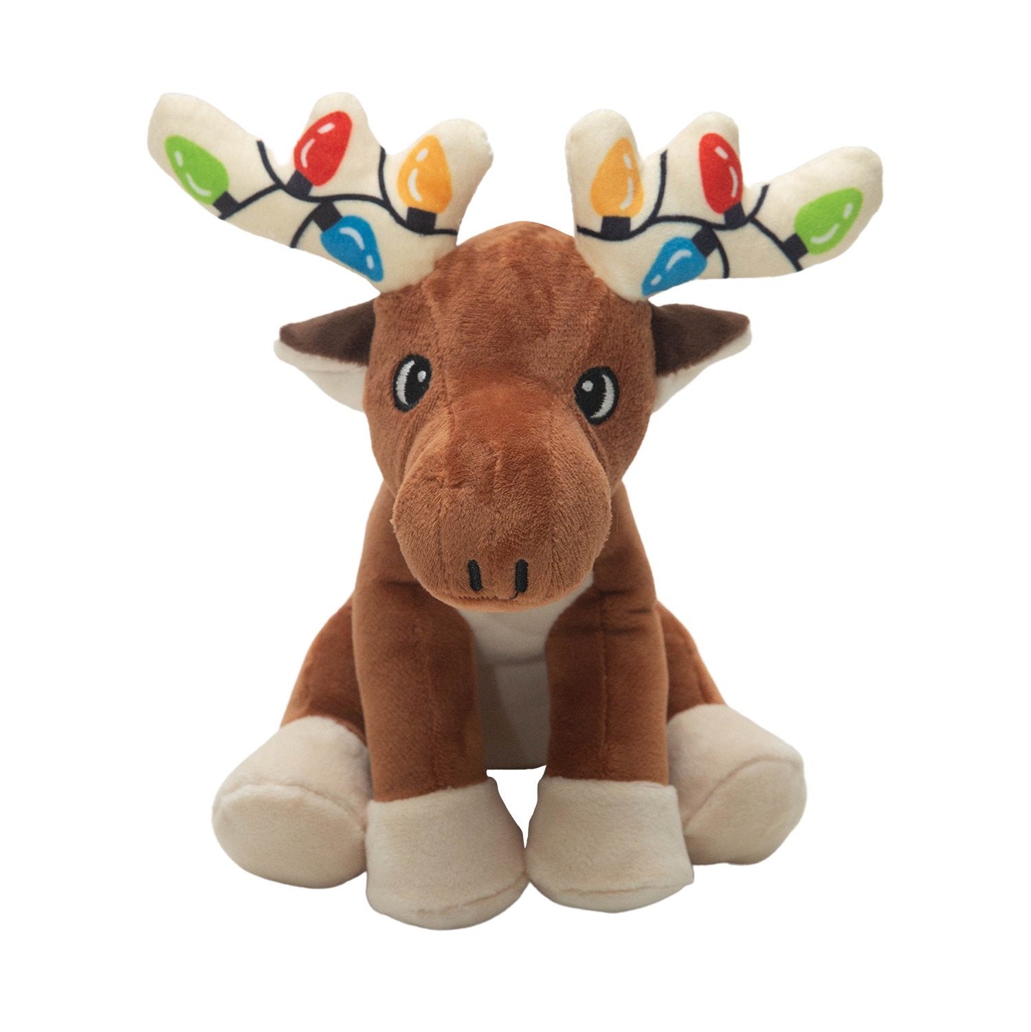 The Snugarooz "Marty Christmas" is a brown plush moose dog toy with big eyes, cream hooves, and antlers adorned with colorful holiday lights. This festive toy sits upright on a white background.