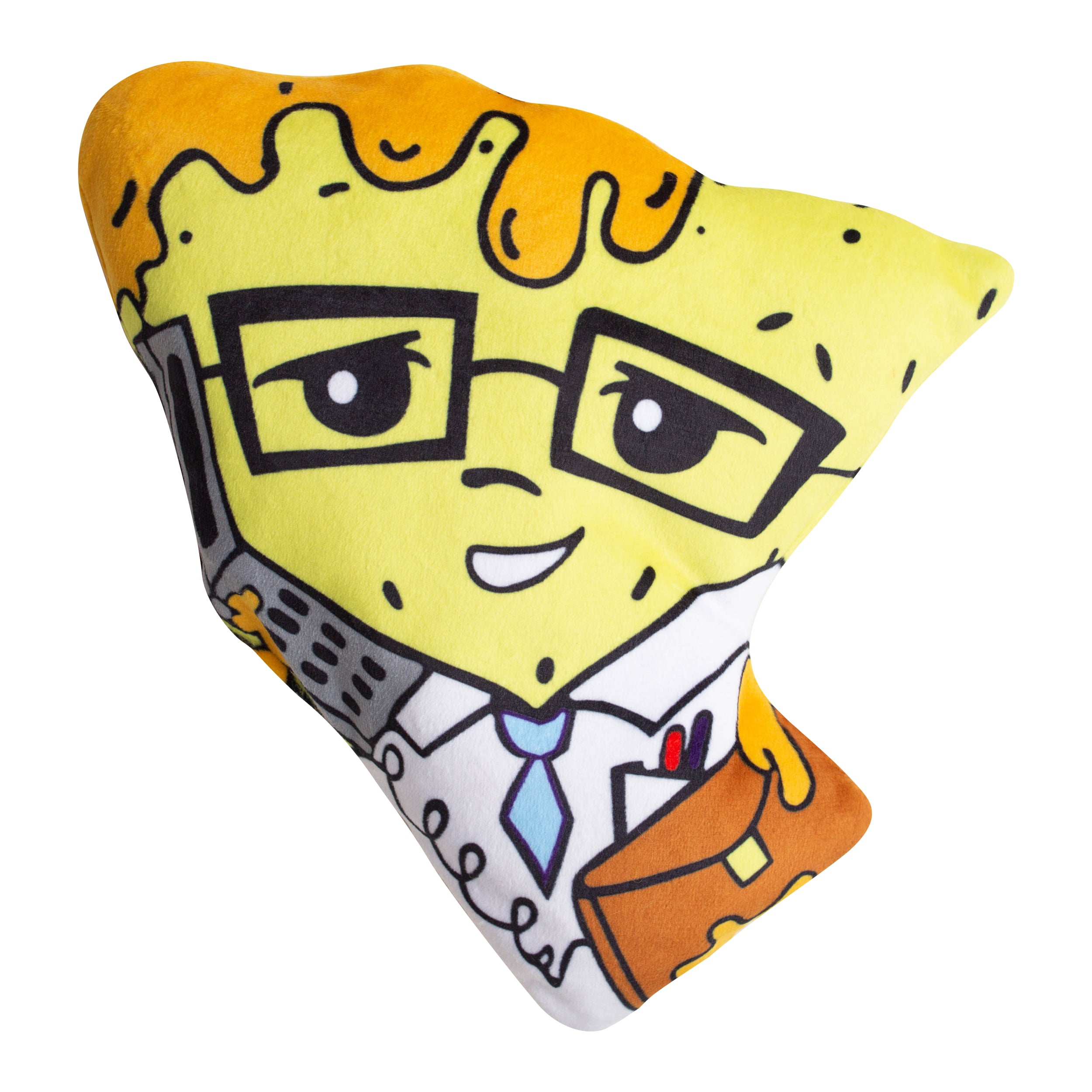 Snugarooz’s “Nacho Business” is a plush pillow shaped like a cheese slice, featuring cartoon glasses, tie, briefcase, pens, and phone for ultimate quirky comfort.