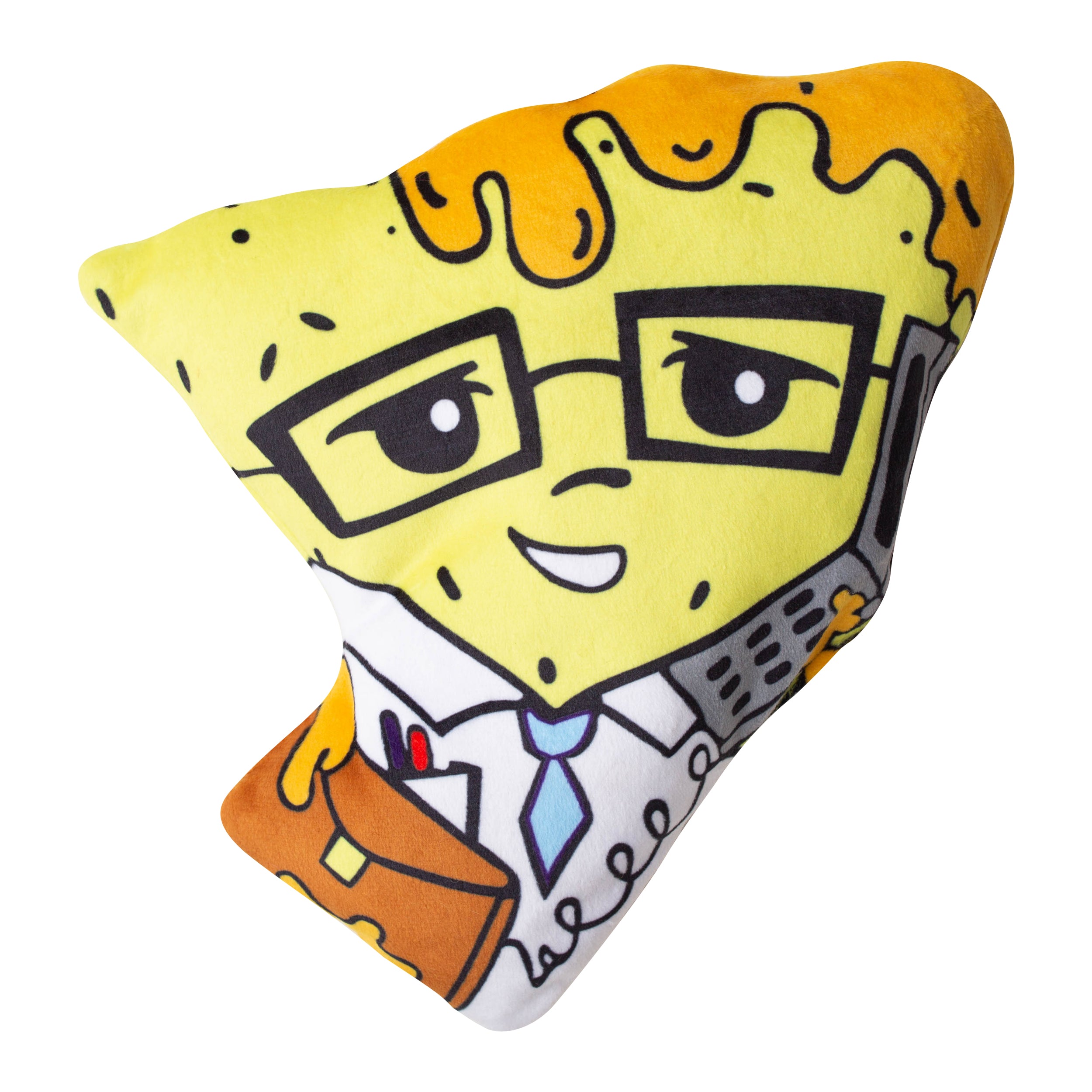 Snugarooz’s “Nacho Business” is a plush pillow shaped like a cheese slice, featuring cartoon glasses, tie, briefcase, pens, and phone for ultimate quirky comfort.