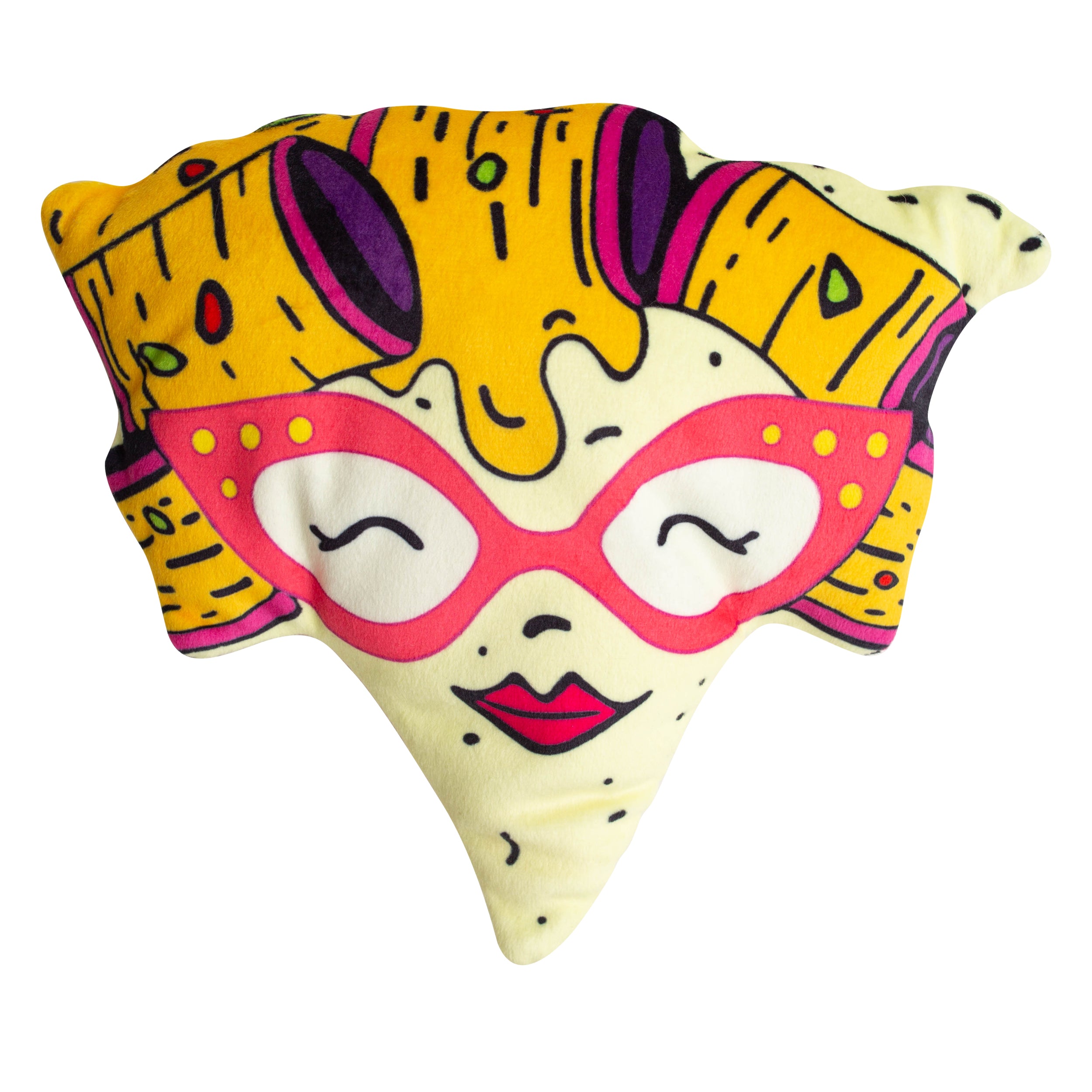 The Snugarooz Nacho Momma dog toy is a pizza slice plush with a cartoon face, pink glasses, red lips, cheesy hair, and colorful toppings. It features both crinkle and squeaker sounds to keep your pup entertained.