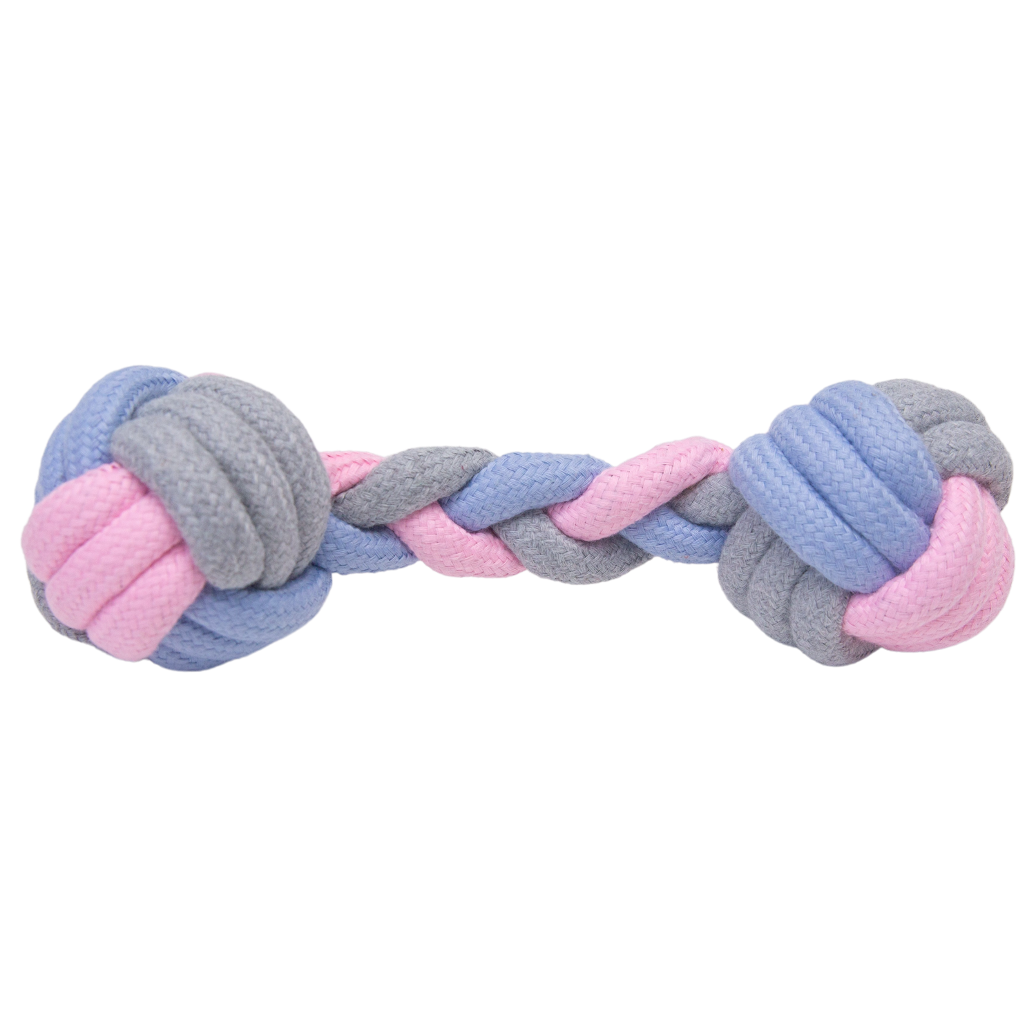 The Snugarooz Pastel Knots dog toy features blue, pink, and gray rope with knots at both ends and a twisted middle section, shown on a white background.