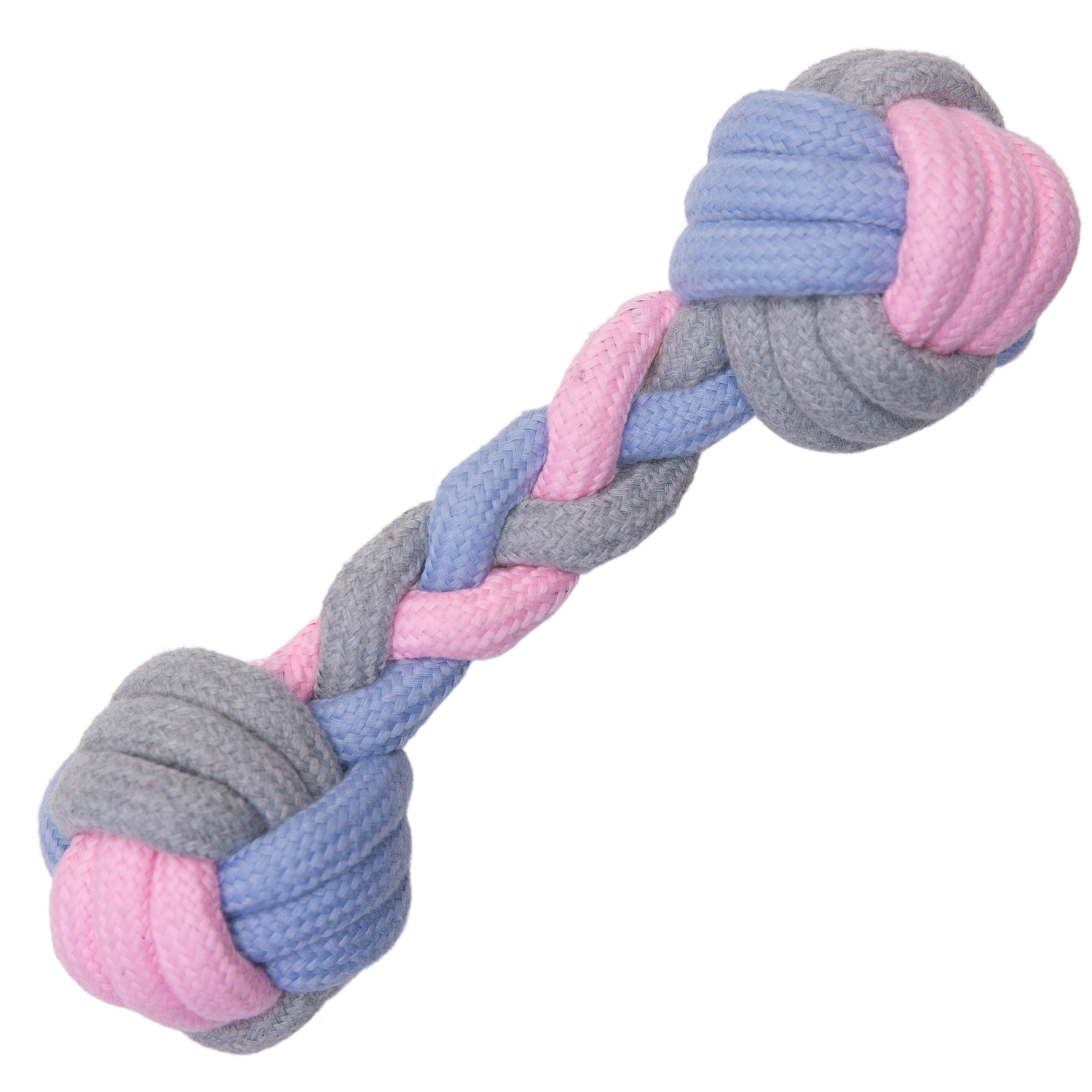 The Snugarooz Pastel Knots dog toy features blue, pink, and gray rope with knots at both ends and a twisted middle section, shown on a white background.