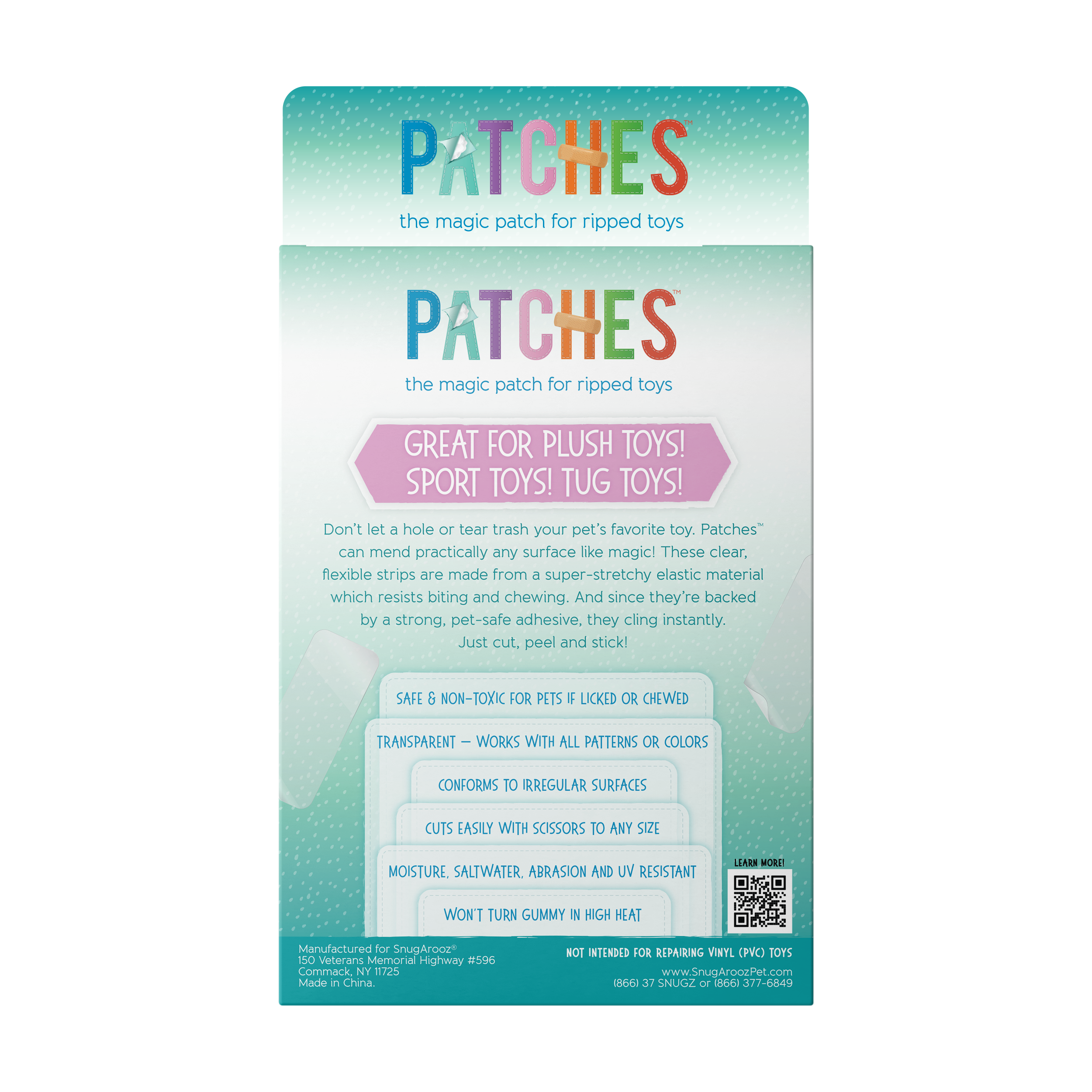 The Snugarooz Patches package features a brown stuffed dog and bear, a blue patch, and promotes safe, non-toxic transparent strips with pet-safe adhesive for easy toy repair.