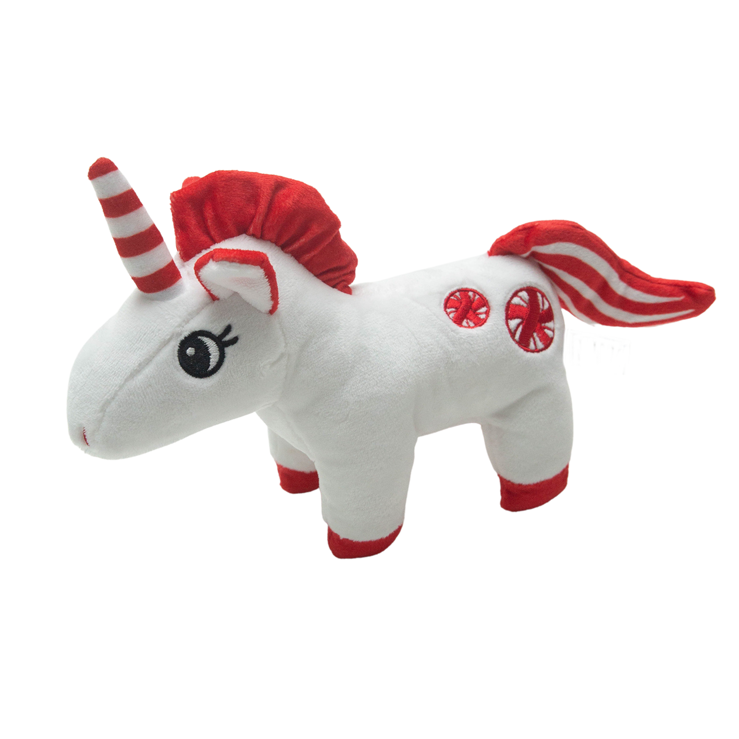 Pepper the Unicorn by Snugarooz is a white plush dog toy featuring red accents: striped horn, hooves, mane, tail, tipped ears, circular side patterns, and large embroidered eyes.