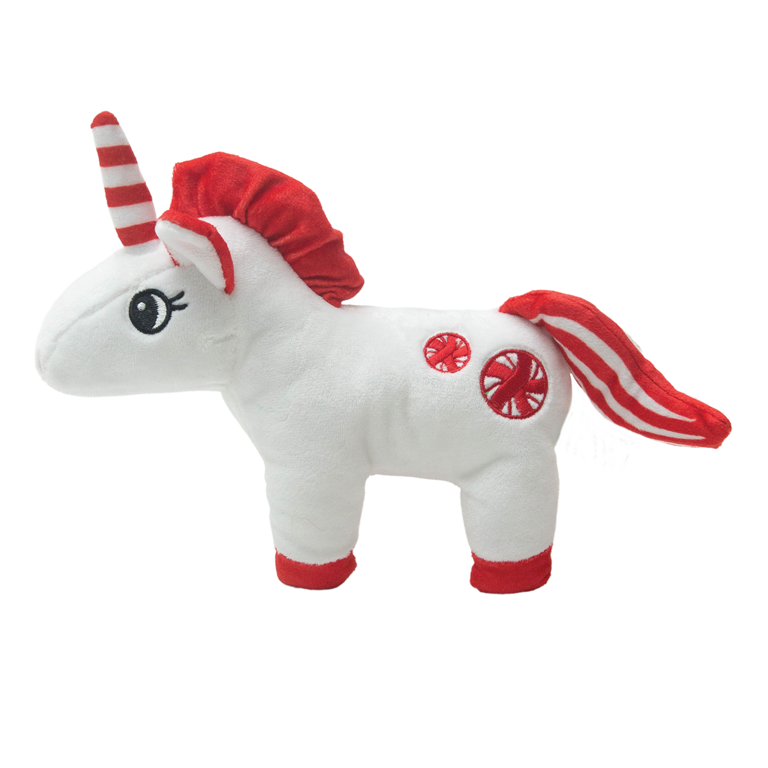Pepper the Unicorn by Snugarooz is a white plush dog toy featuring red accents: striped horn, hooves, mane, tail, tipped ears, circular side patterns, and large embroidered eyes.