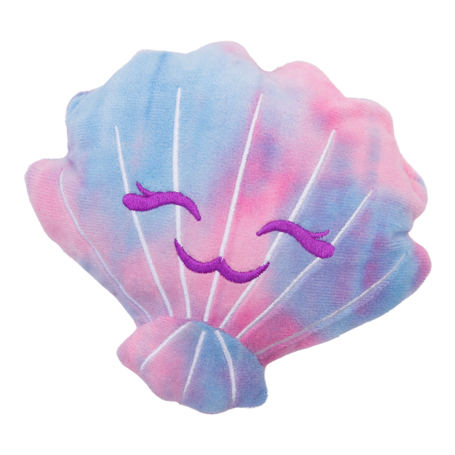 Shell YEAH by Snugarooz is a plush crinkle toy shaped like a seashell, featuring blue and pink tie-dye colors, embroidered purple eyes, and a cheerful smile.