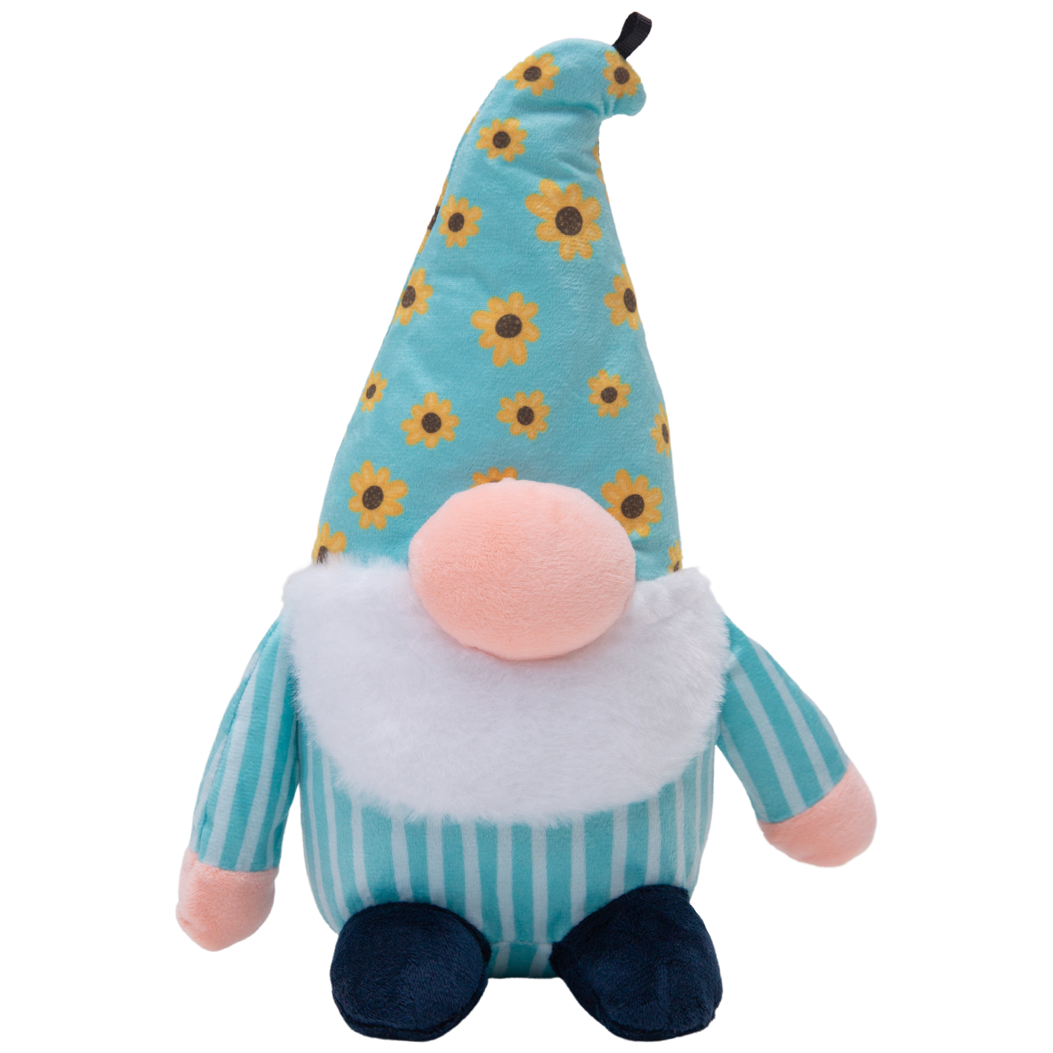 Snugarooz's Sunny The Gnome is a plush dog toy with a large pink nose, white beard, teal and white striped body, dark blue feet, and a tall teal sunflower hat—an adorable crinkle squeak toy for your furry friend.