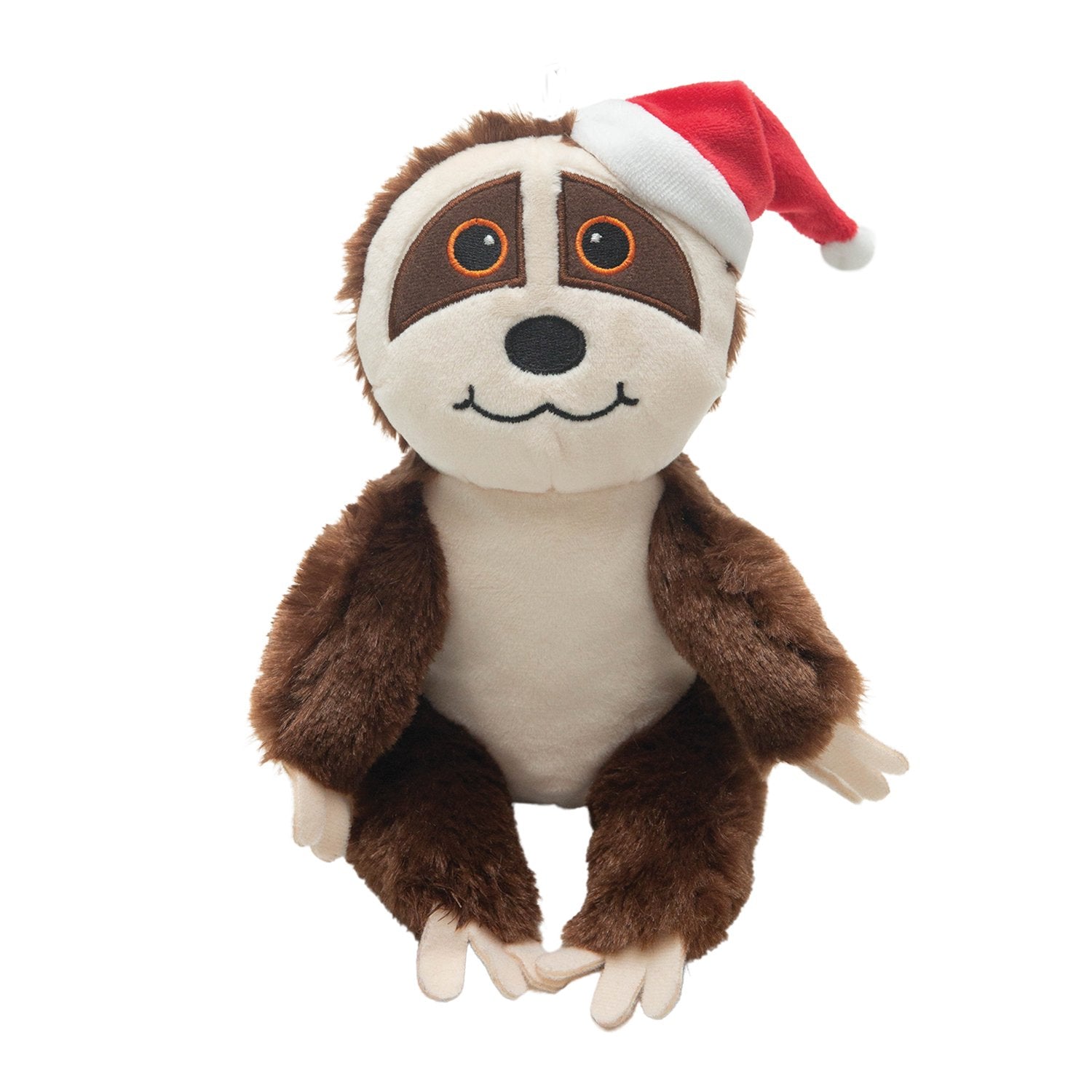 Samantha Claus by Snugarooz is a plush sloth dog toy with brown fur, a cream face and belly, big round eyes, and a red Santa hat—perfect for making your pup’s Christmas extra festive.