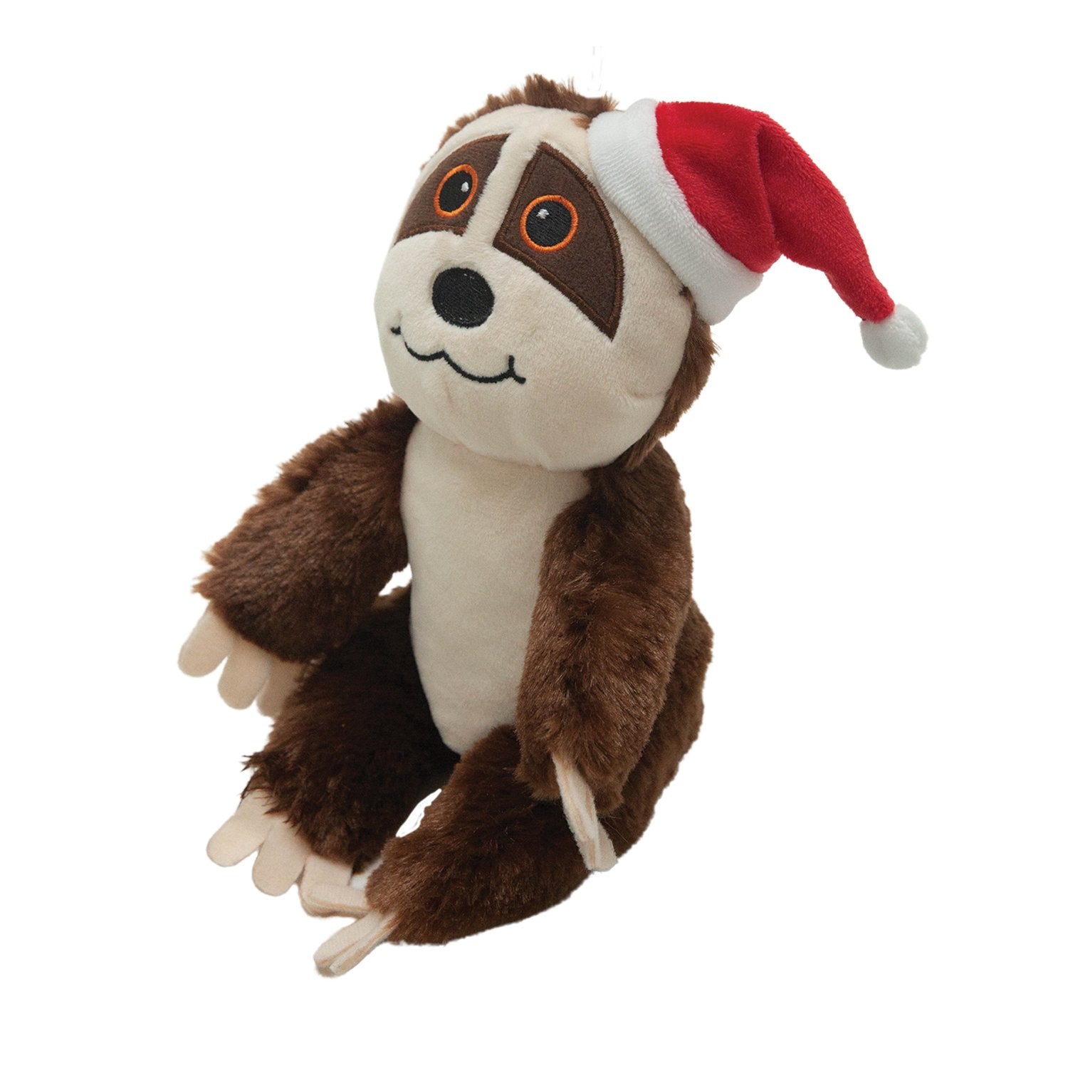 Samantha Claus by Snugarooz is a plush sloth dog toy with brown fur, a cream face and belly, big round eyes, and a red Santa hat—perfect for making your pup’s Christmas extra festive.