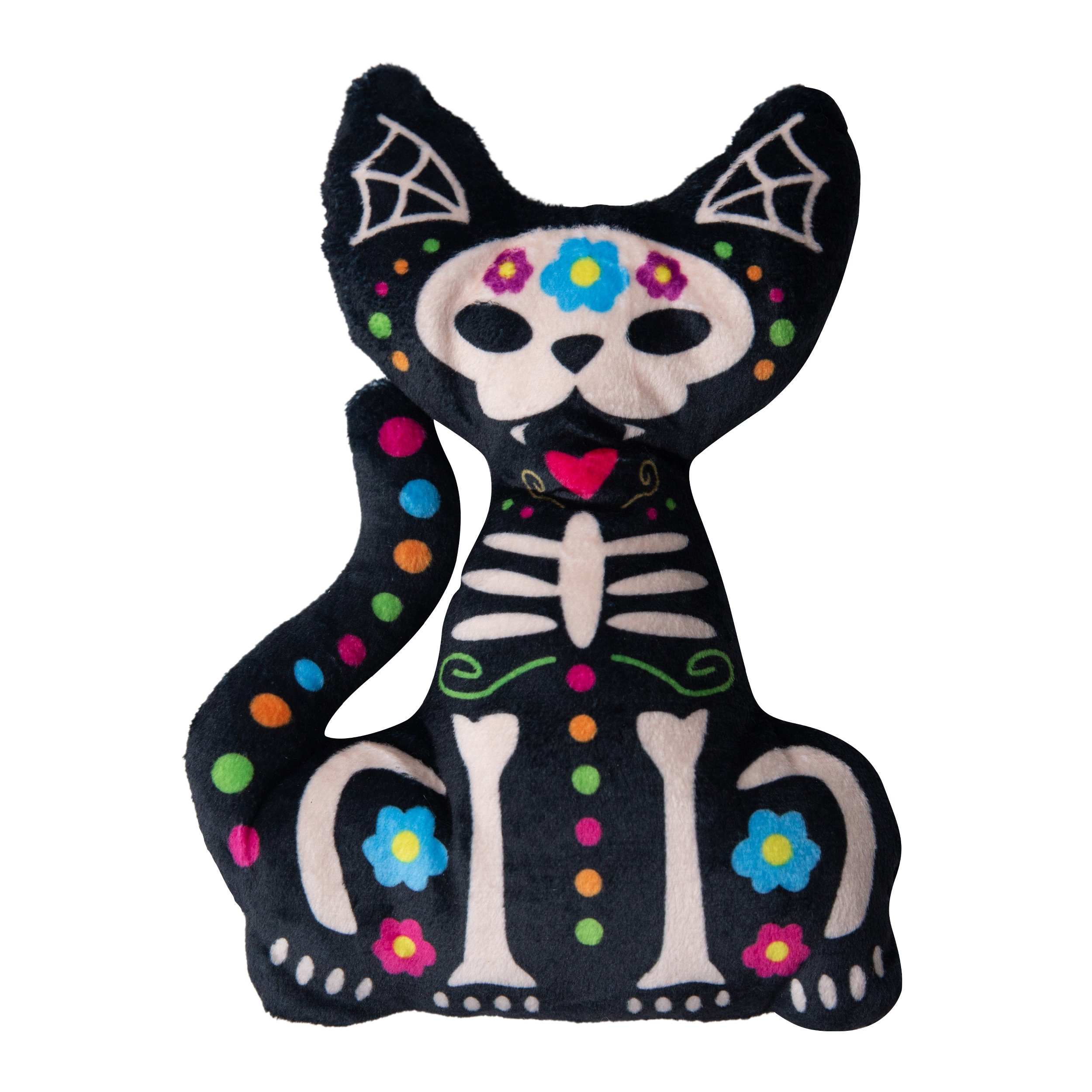 The Snugarooz Scare Dee Cat is an eco-friendly dog toy shaped like a cat with a Day of the Dead sugar skull theme, featuring colorful flowers, polka dots, bones, and spiderwebs on black—perfect for Halloween.