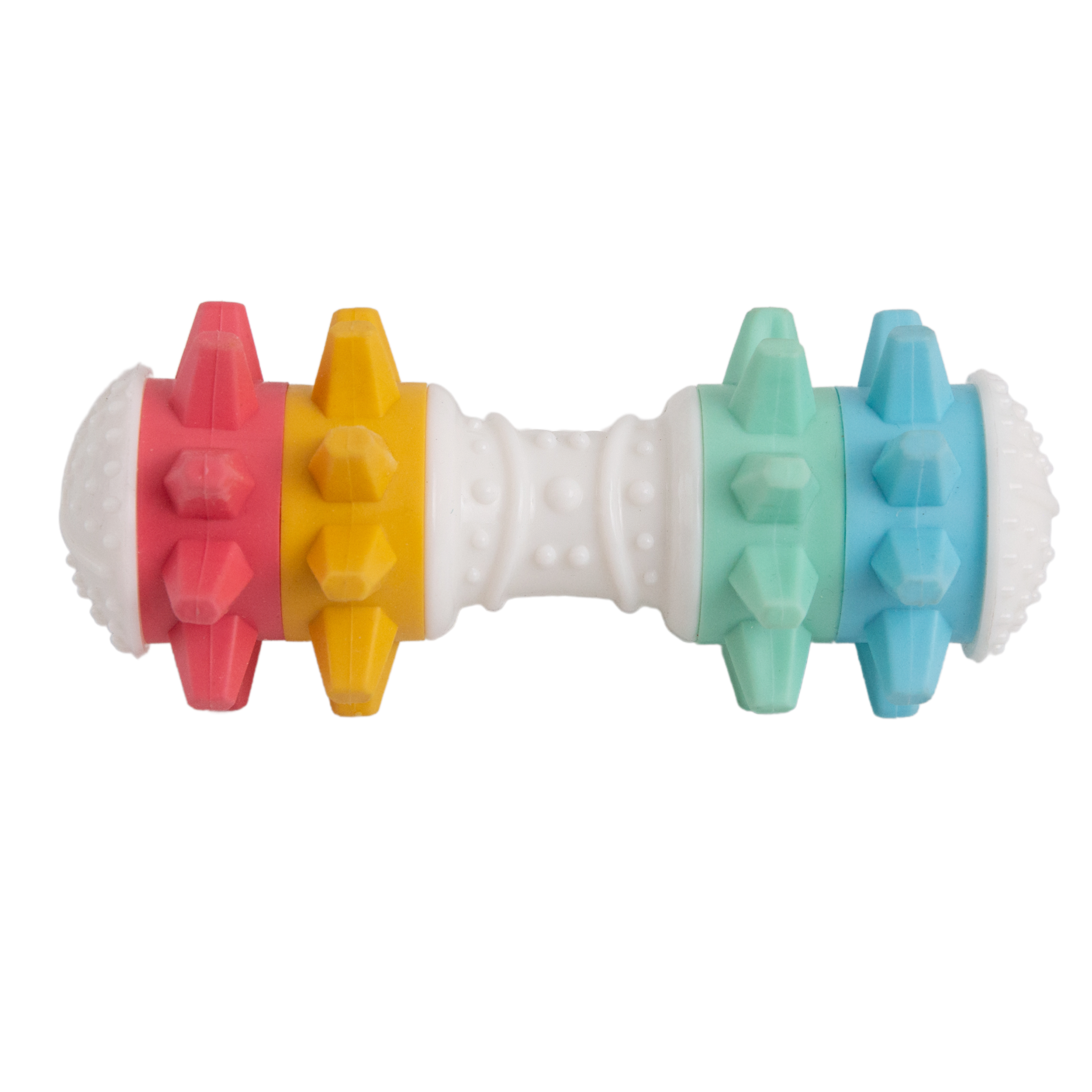 The Snugarooz Shake It Off Nylon Noisy Bone is a colorful, durable dog toy shaped like a dumbbell with spiky red, yellow, and teal wheels and a white center—an eco-friendly pick for playful pups. Set on a plain white background.