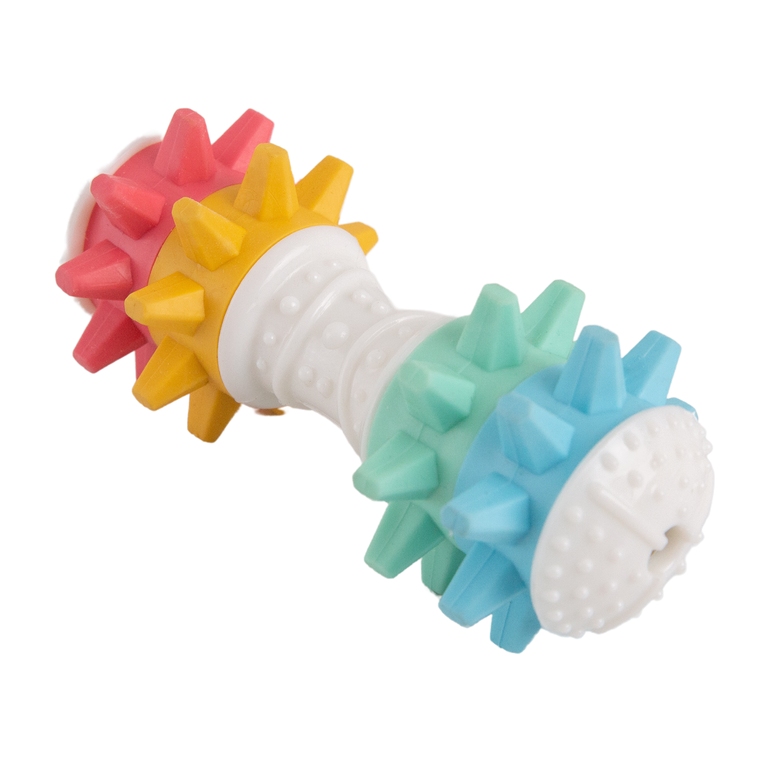 The Snugarooz Shake It Off Nylon Noisy Bone is a colorful, durable dog toy shaped like a dumbbell with spiky red, yellow, and teal wheels and a white center—an eco-friendly pick for playful pups. Set on a plain white background.