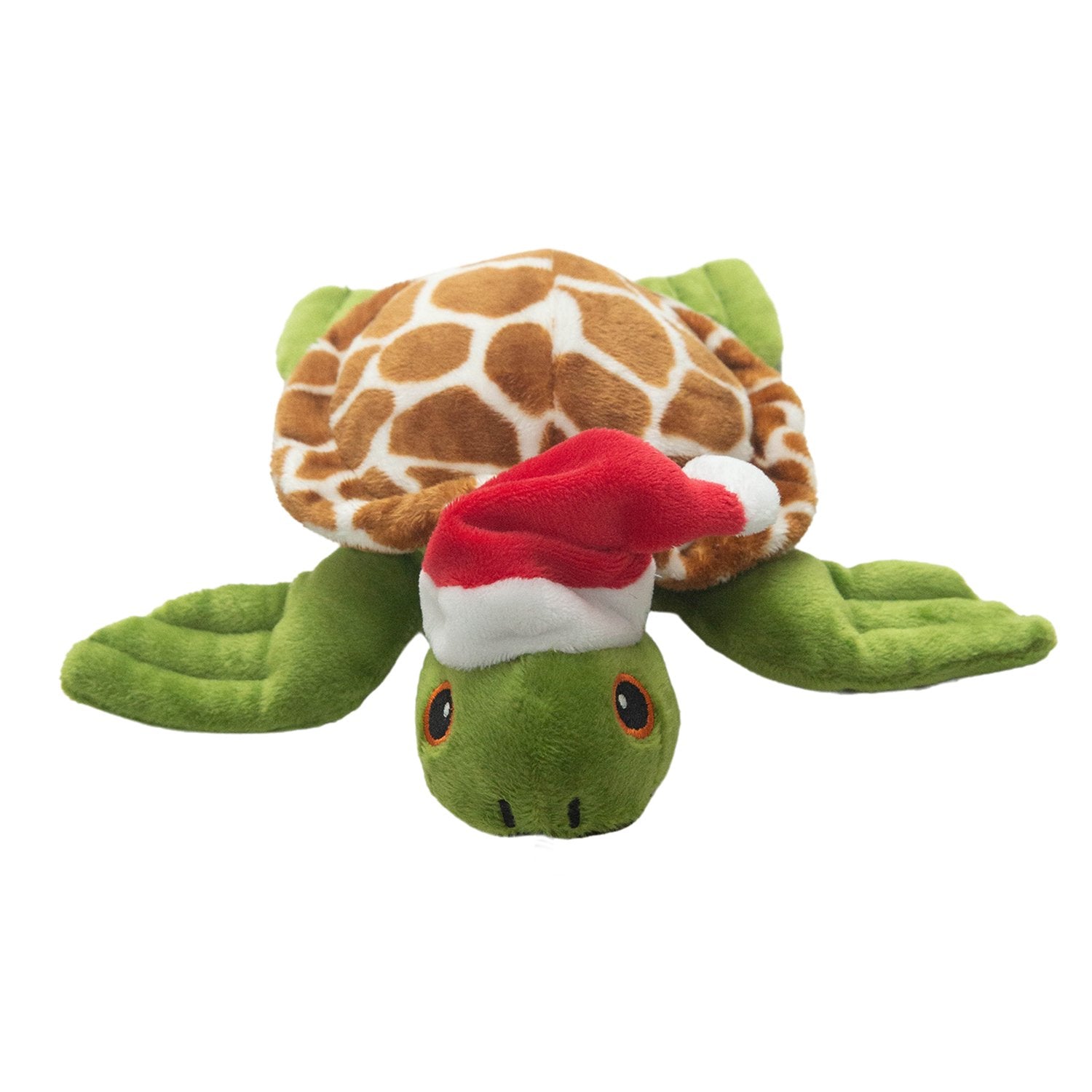 Shelldon Claus by Snugarooz is a festive green turtle dog toy with a brown and white shell and a Santa hat, perfect for your pup to enjoy during Christmas.
