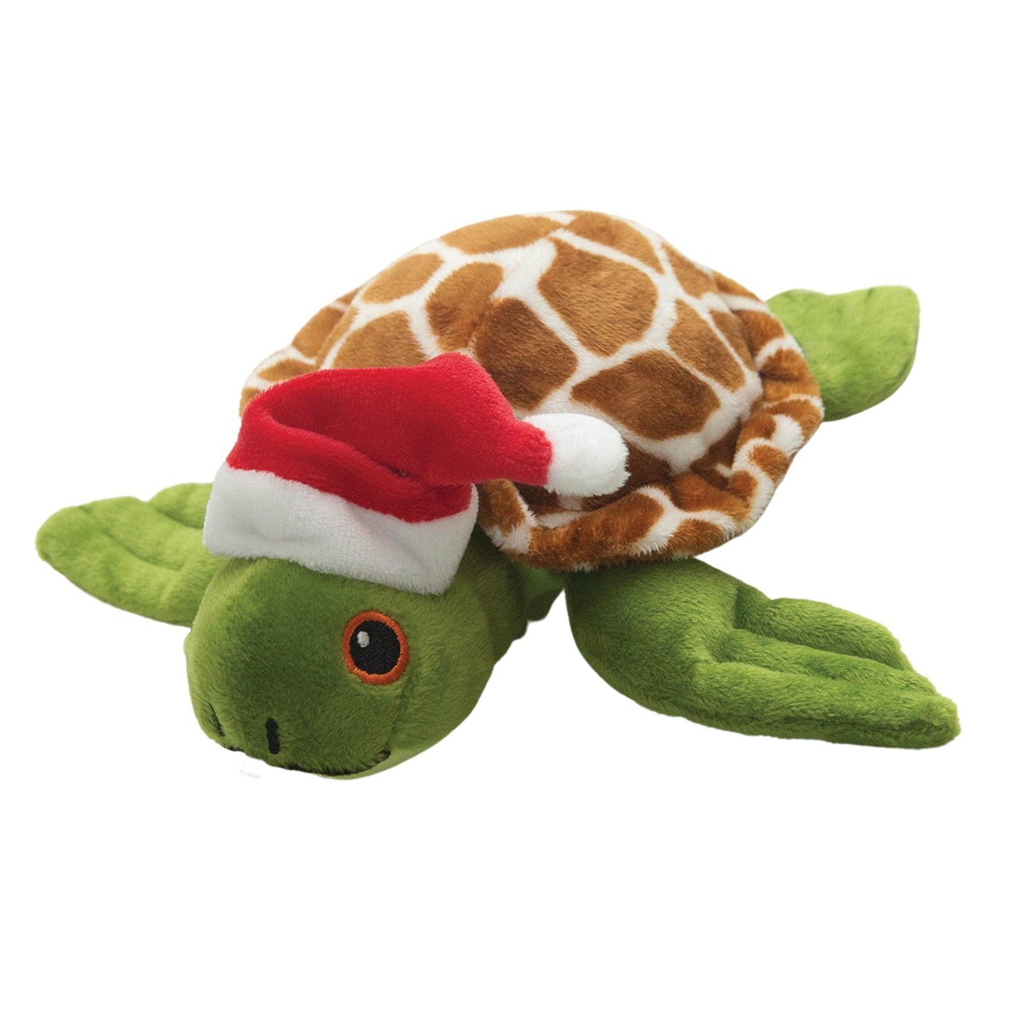 Shelldon Claus by Snugarooz is a festive green turtle dog toy with a brown and white shell and a Santa hat, perfect for your pup to enjoy during Christmas.
