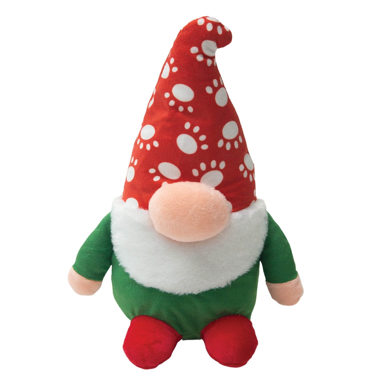Sherlock the Gnome by Snugarooz is a plush holiday dog toy with a long red hat with white spots, round nose, white beard, green body, and red feet, shown sitting upright against a white background.