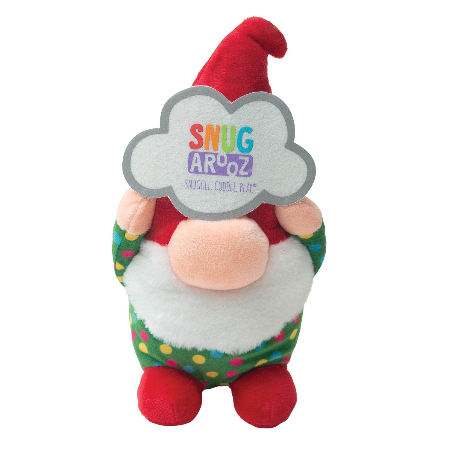 Snugz the Gnome by Snugarooz is a plush holiday dog toy featuring a red hat, white beard, polka-dotted outfit, and holds a cloud sign that says “SNUG AROOZ SNUGGLE CUDDLE PLAY” in colorful letters.