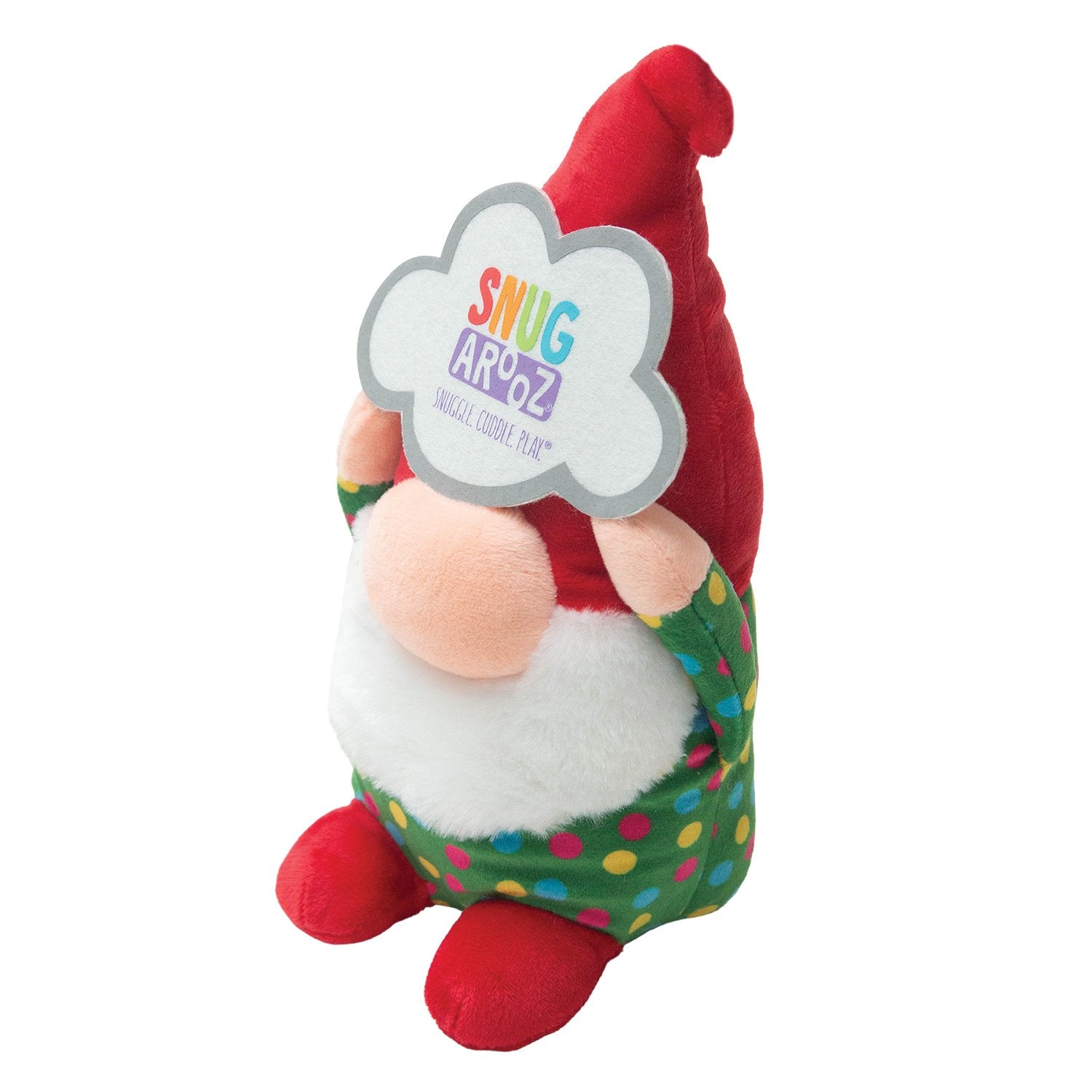 Snugz the Gnome by Snugarooz is a plush holiday dog toy featuring a red hat, white beard, polka-dotted outfit, and holds a cloud sign that says “SNUG AROOZ SNUGGLE CUDDLE PLAY” in colorful letters.