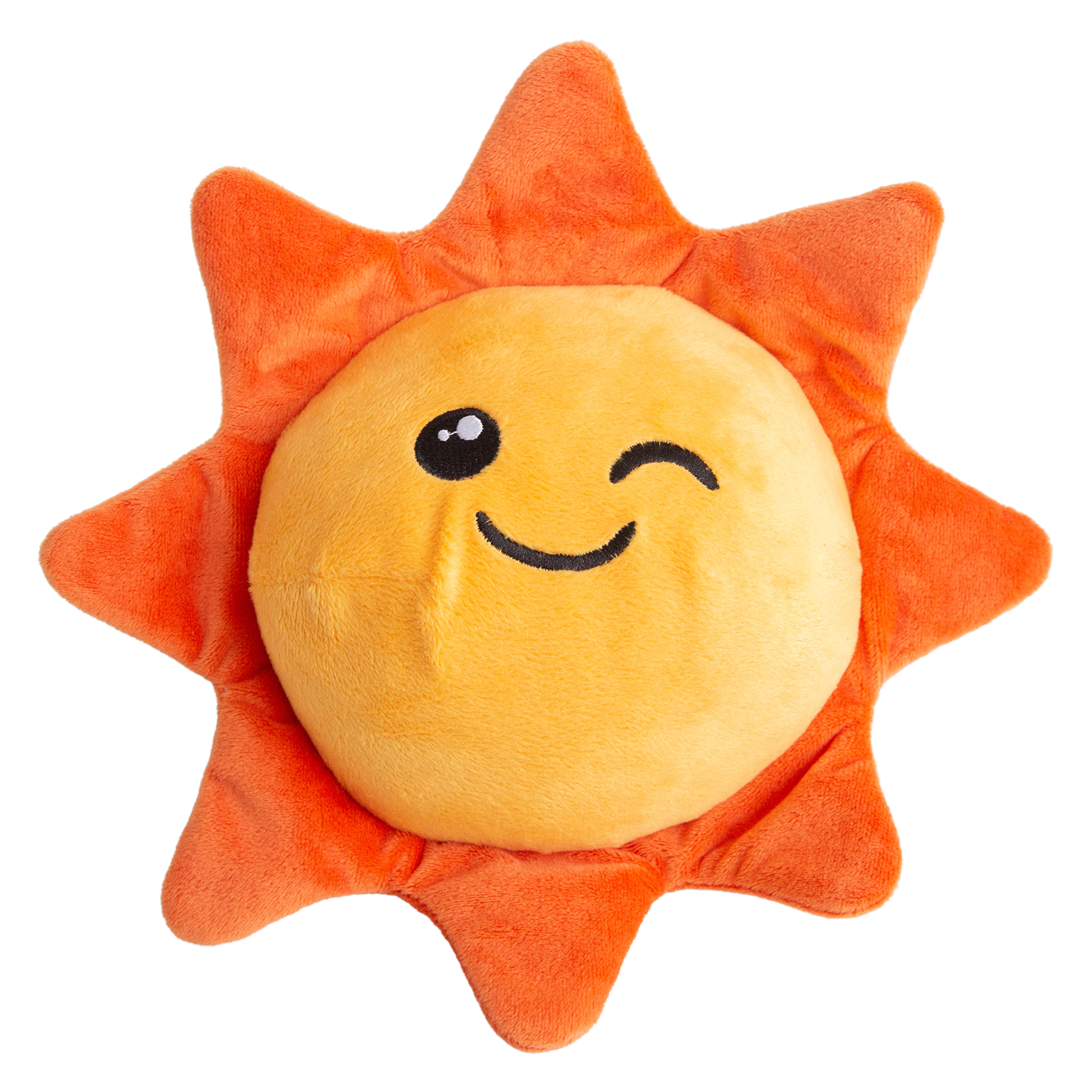 Introducing Sweet Sunshine by Snugarooz—a plush, eco-friendly dog toy shaped like a smiling, winking sun with a hidden red spiky ball inside. Made from recycled water bottles for sustainable, squeaky play!.