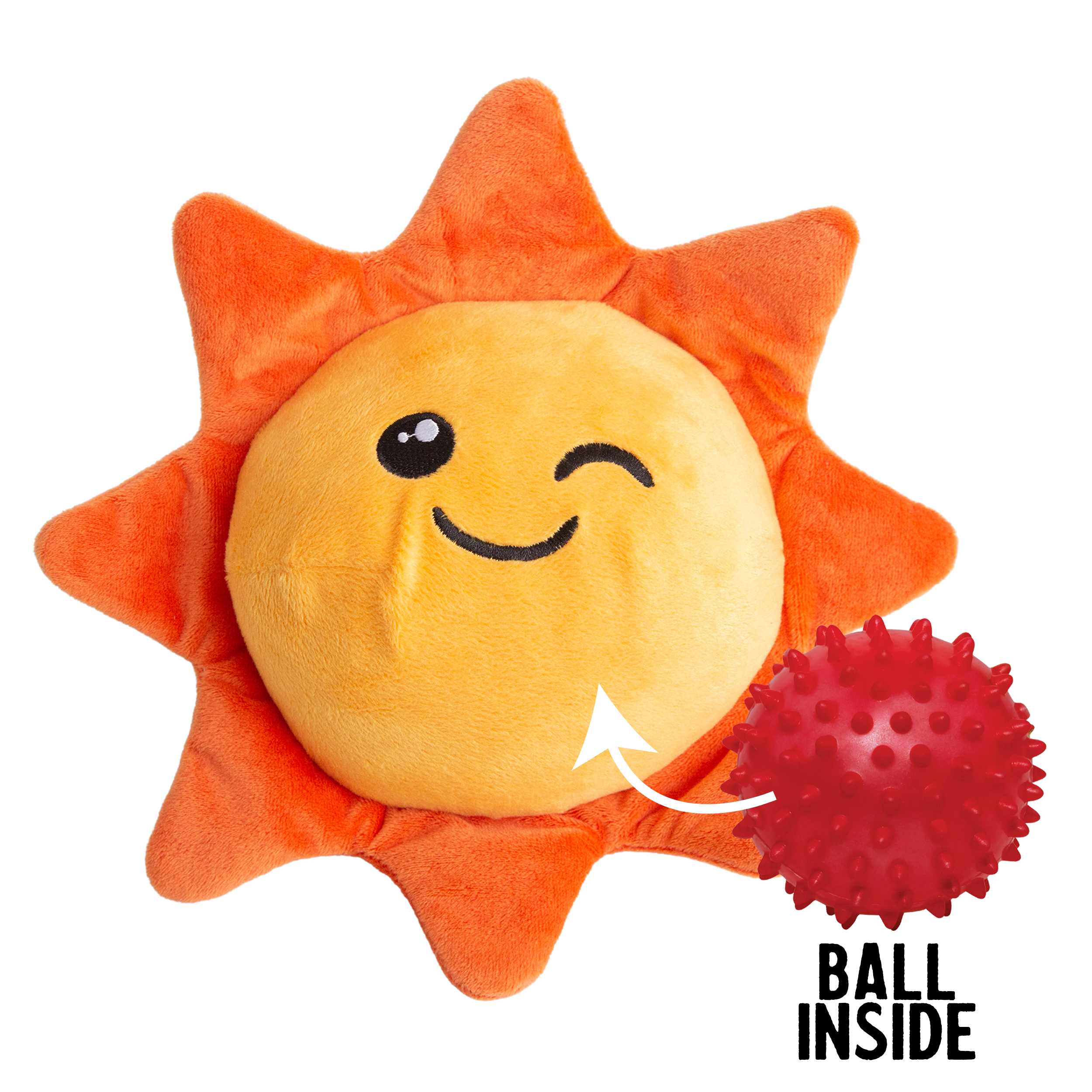 Introducing Sweet Sunshine by Snugarooz—a plush, eco-friendly dog toy shaped like a smiling, winking sun with a hidden red spiky ball inside. Made from recycled water bottles for sustainable, squeaky play!.