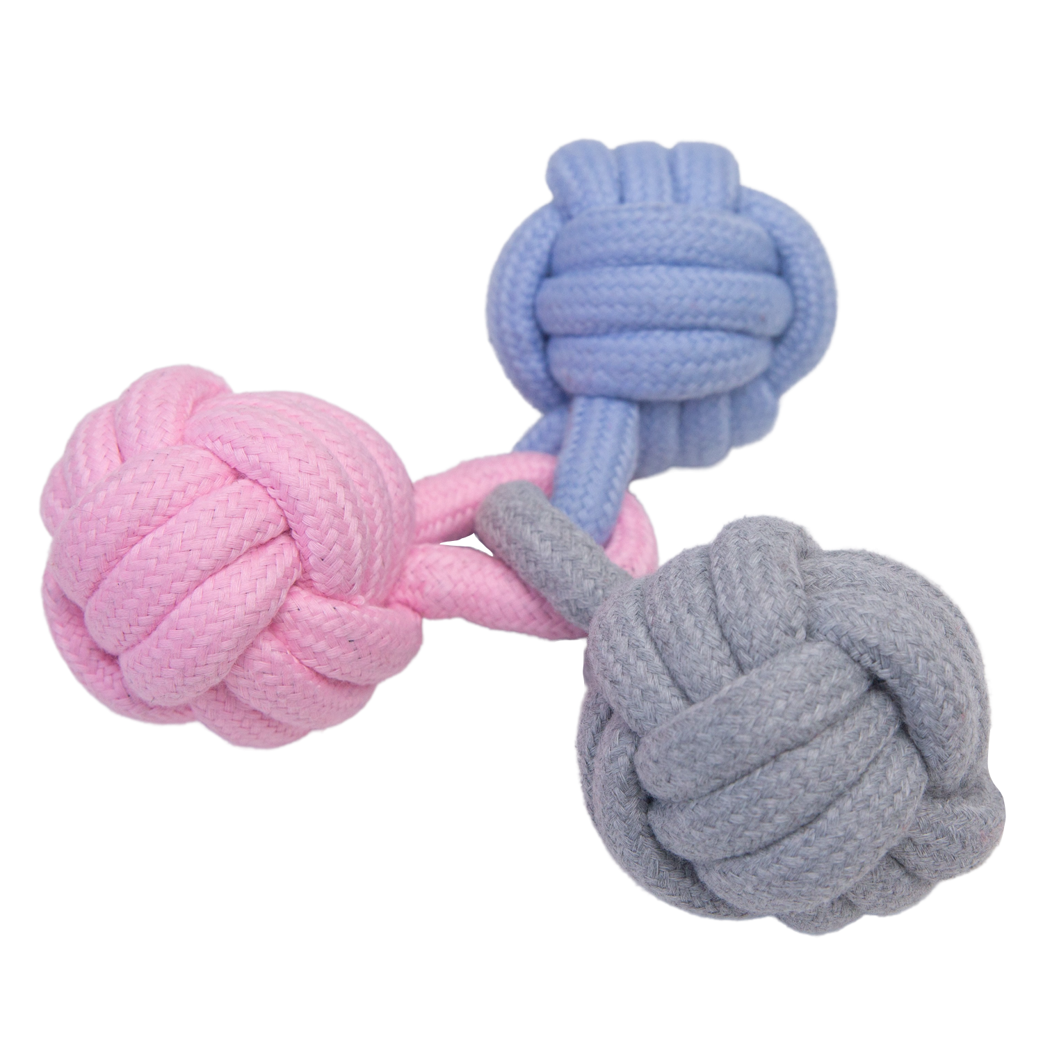 The Snugarooz Try Me Knot is a charming dog toy with three pastel rope balls—pink, blue, and gray—knotted together, perfect for active chewers.