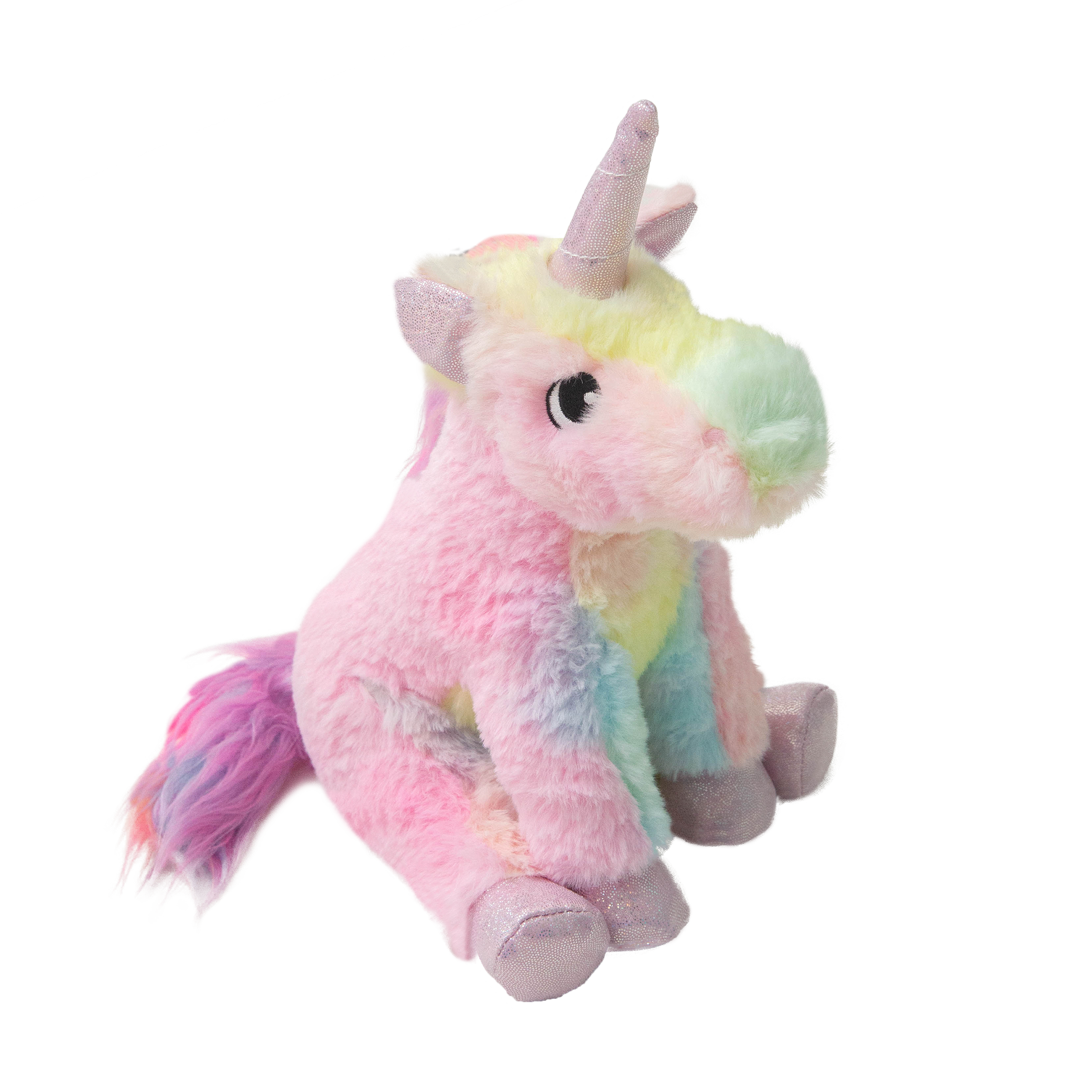 Snugarooz Tye the Unicorn is a plush dog toy with soft pastel rainbow colors, shiny purple horn and hooves, and a fluffy pink and purple tail—perfect as a squeaky toy for magical canine playtime.