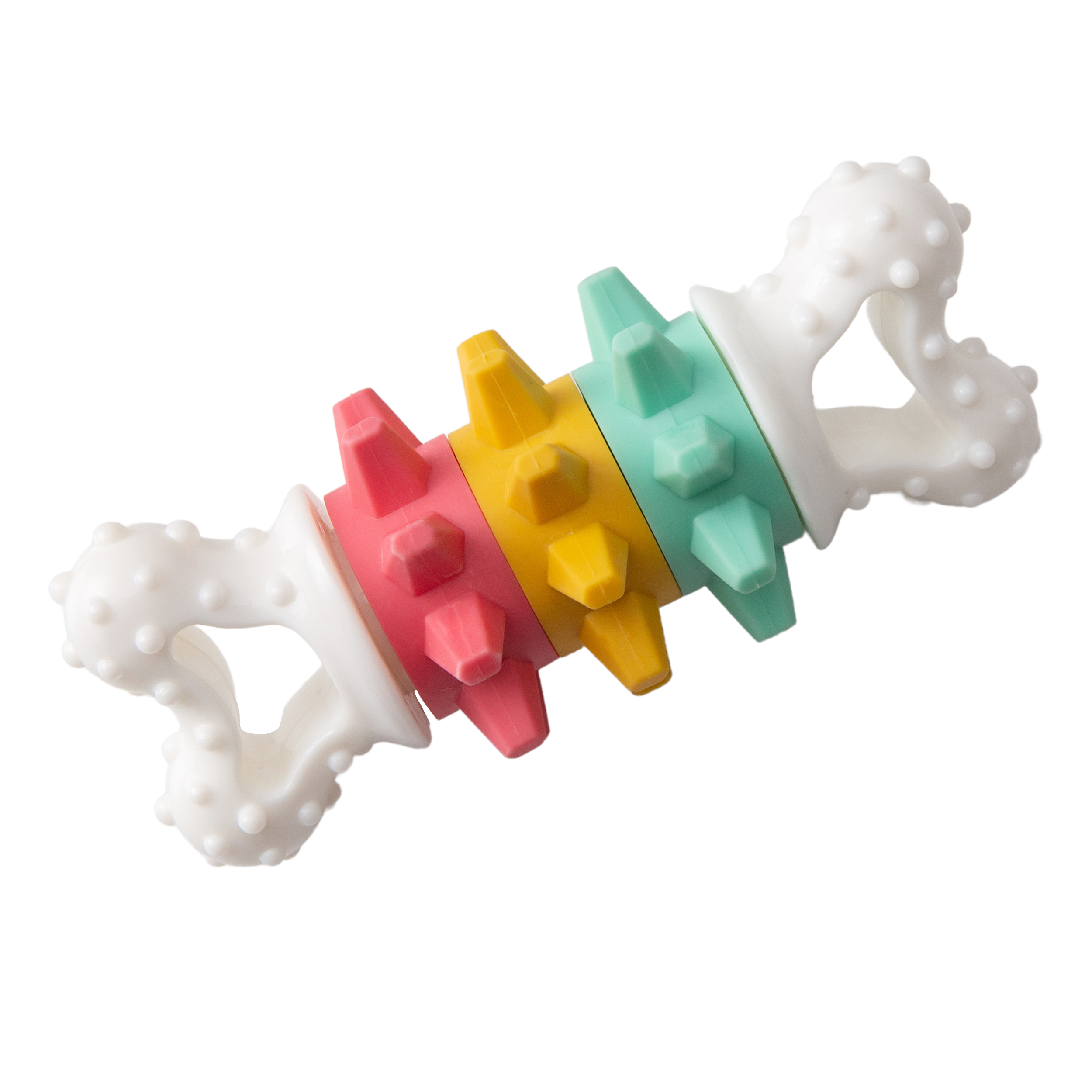 The Snugarooz Twist & Shake Nylon Noisy Bone is a durable white dog toy featuring textured ends and three spiked, colorful rings (pink, yellow, teal). Ideal for teething or chewing, it offers fun, interactive play for playful pups.