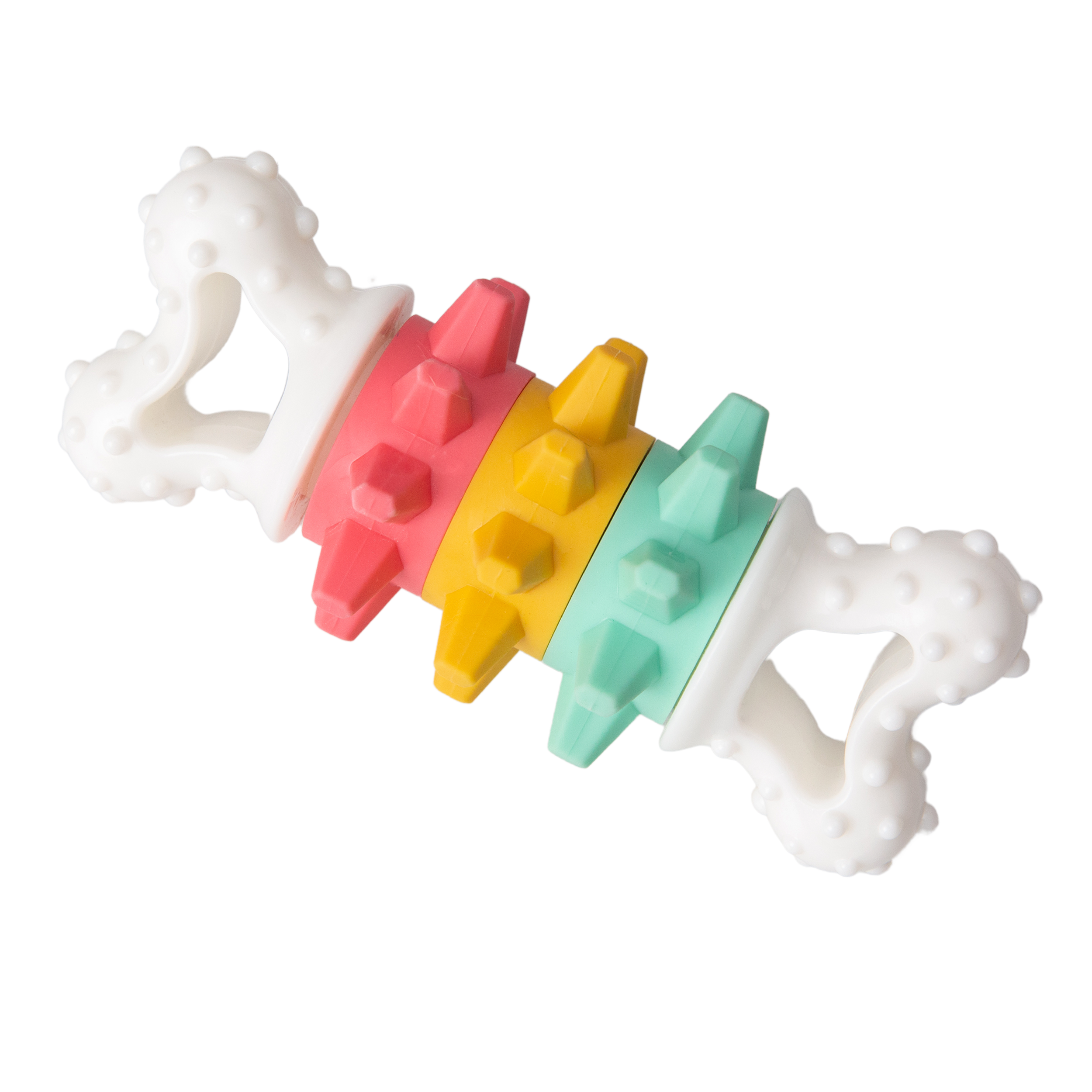 The Snugarooz Twist & Shake Nylon Noisy Bone is a durable white dog toy featuring textured ends and three spiked, colorful rings (pink, yellow, teal). Ideal for teething or chewing, it offers fun, interactive play for playful pups.