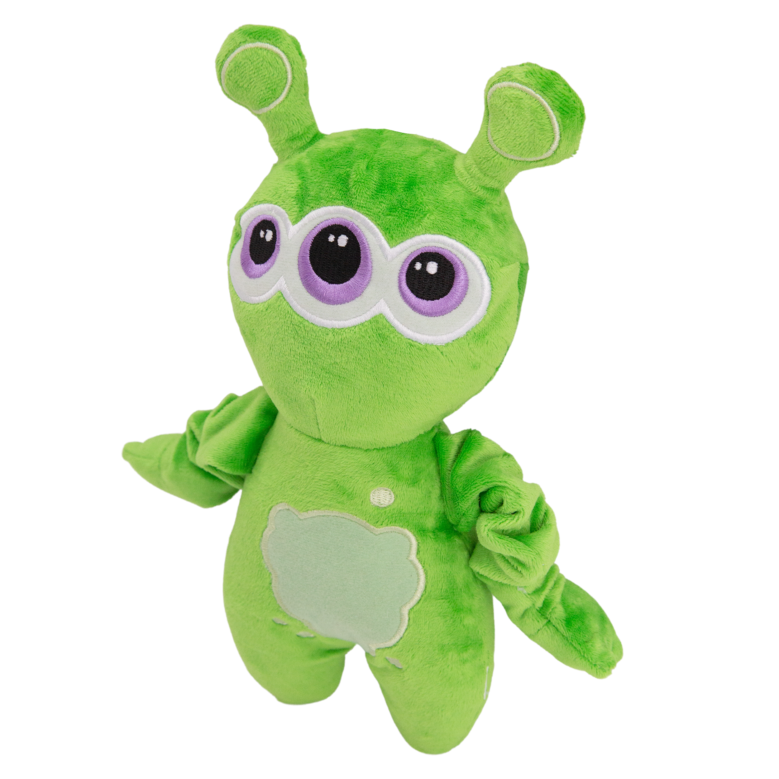Venus the Alien by Snugarooz is a green plush dog toy featuring three large purple eyes, two antennae on its head, and a light green belly patch, shown against a white background.