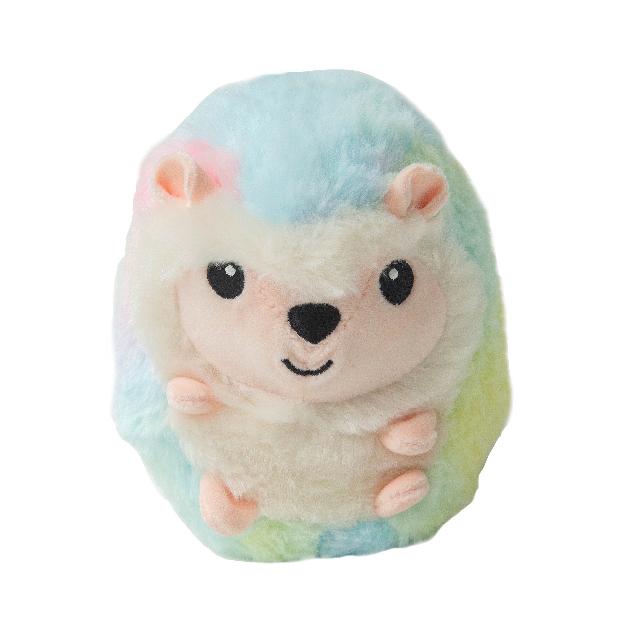Willow the Hedgehog by Snugarooz is a plush dog toy with soft pastel blue, pink, yellow, and green fur. It features black eyes, a cute nose, and a smiling face—ideal as a cuddly and playful companion for your pup.