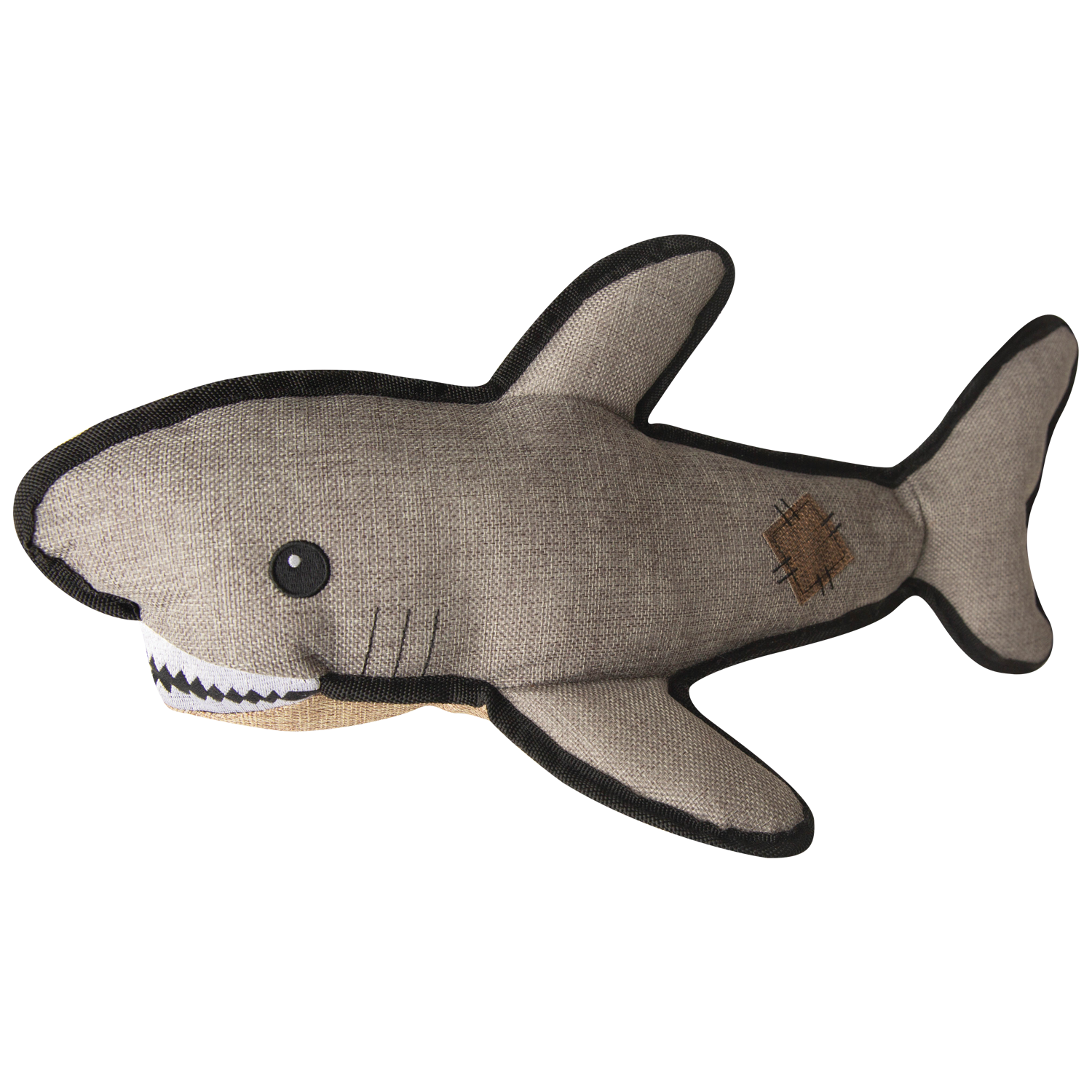 Saul the Shark by Snugarooz is an eco-friendly plush dog toy with a stitched patch. An arrow and bold text reveal the hidden red spiky ball inside—perfect for hours of playful fun!.