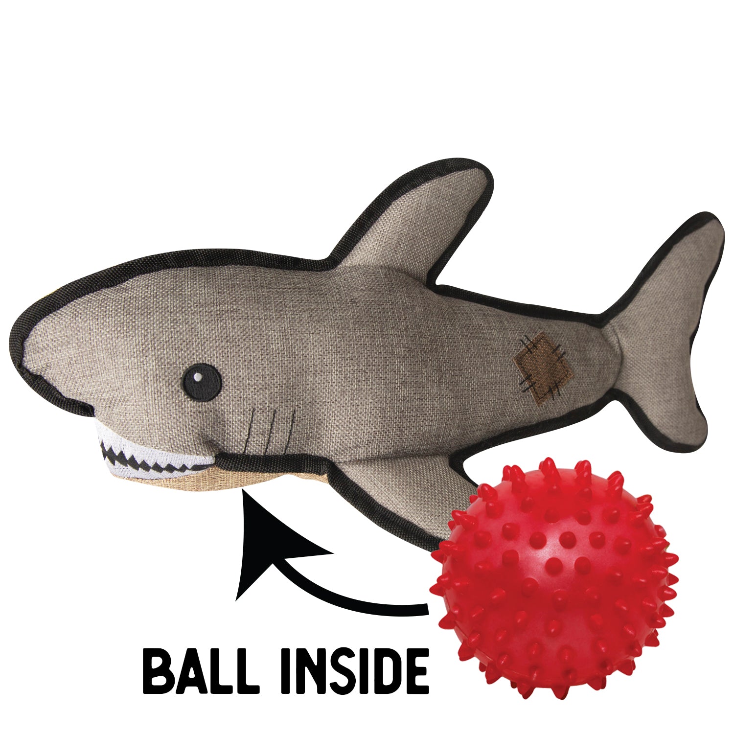 Saul the Shark by Snugarooz is an eco-friendly plush dog toy with a stitched patch. An arrow and bold text reveal the hidden red spiky ball inside—perfect for hours of playful fun!.