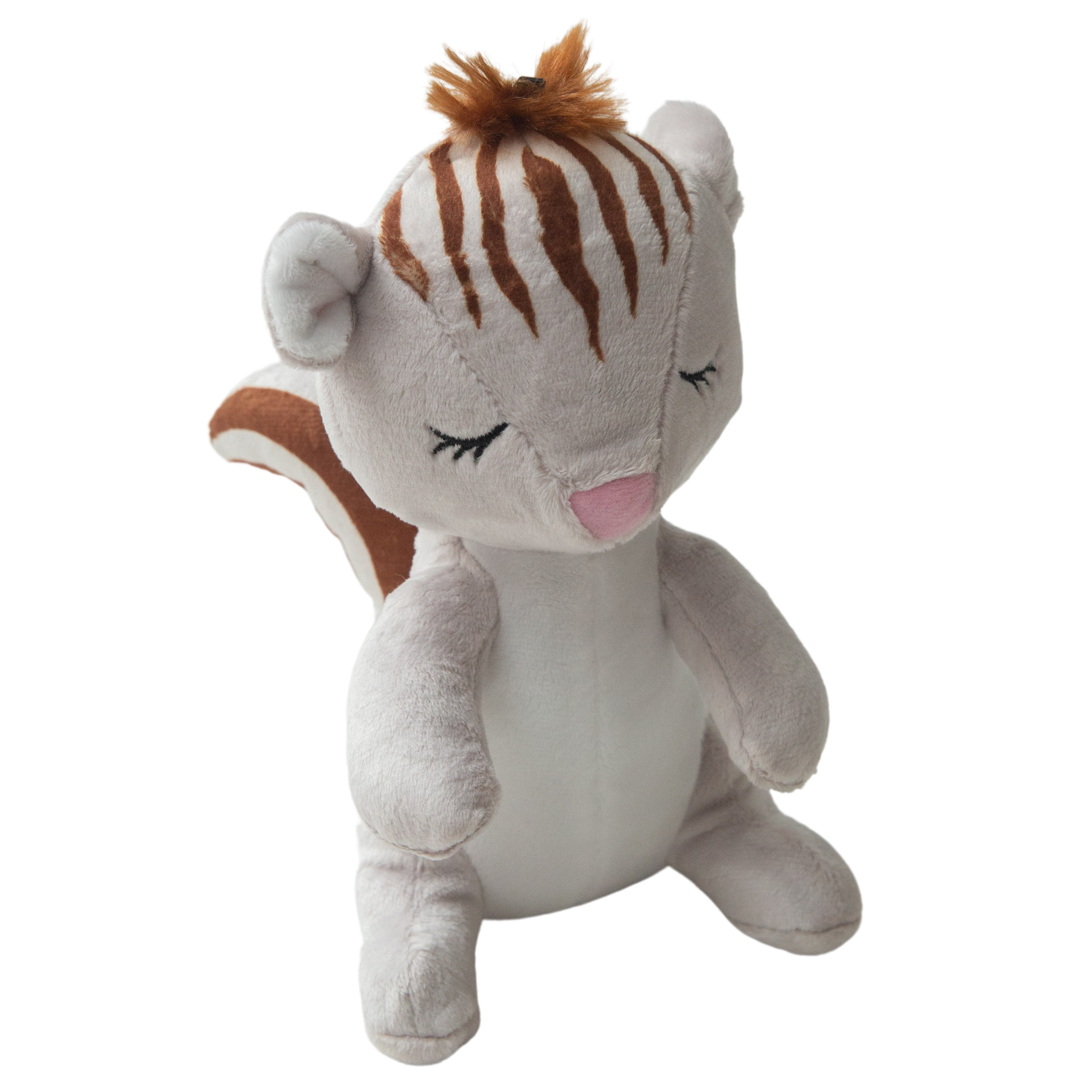 Shea the Squirrel by Snugarooz is a soft, light-gray dog toy with closed eyes, a pink nose, brown forehead stripes, and a tuft of brown hair—perfect for cuddles or play.