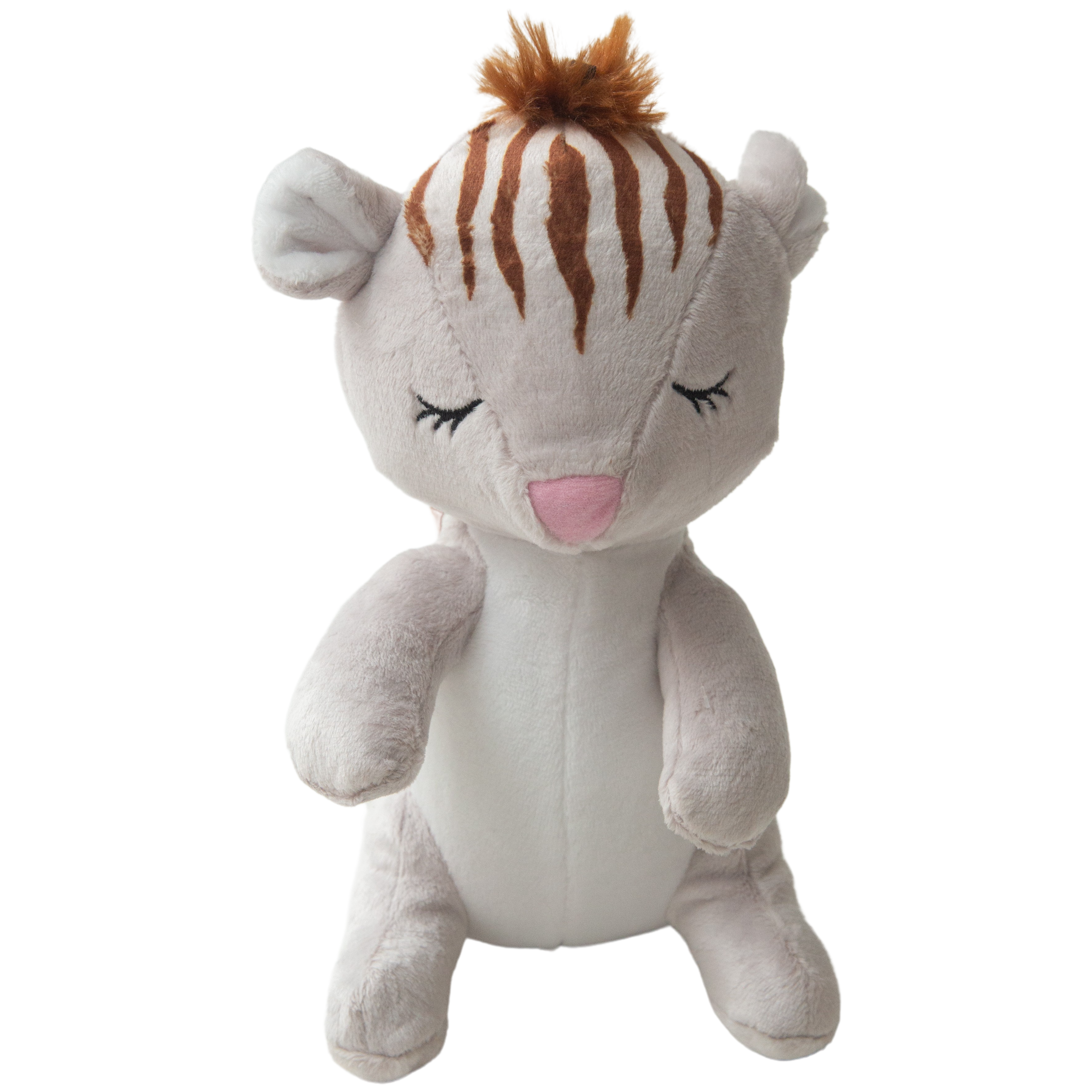 Shea the Squirrel by Snugarooz is a soft, light-gray dog toy with closed eyes, a pink nose, brown forehead stripes, and a tuft of brown hair—perfect for cuddles or play.