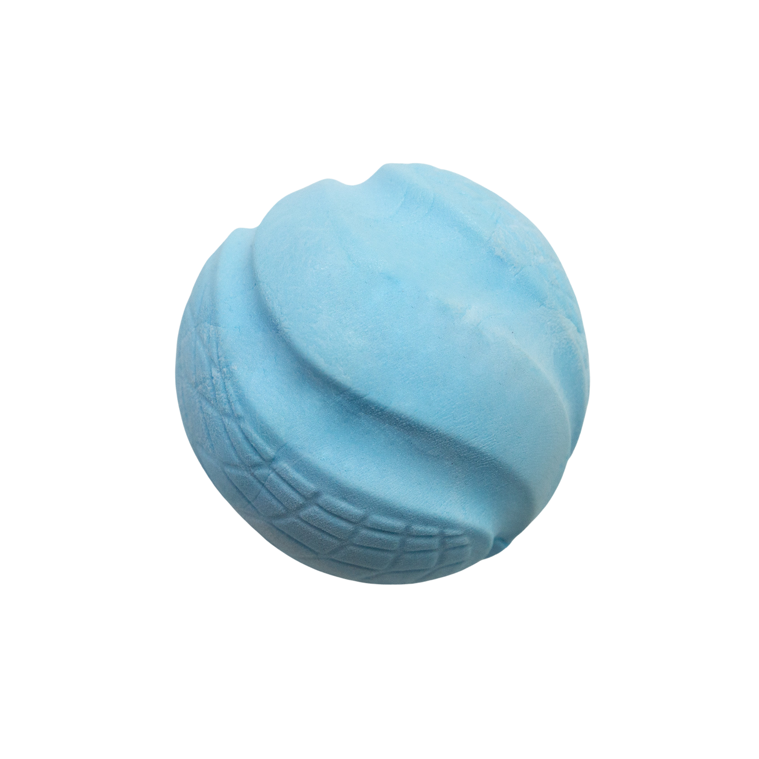 The Snugarooz Sky Bounce Ballz is a blue, textured rubber ball made from eco-friendly TPR with curved grooves and a patterned section, reminiscent of classic Sky Bounce balls, shown against a plain white background.